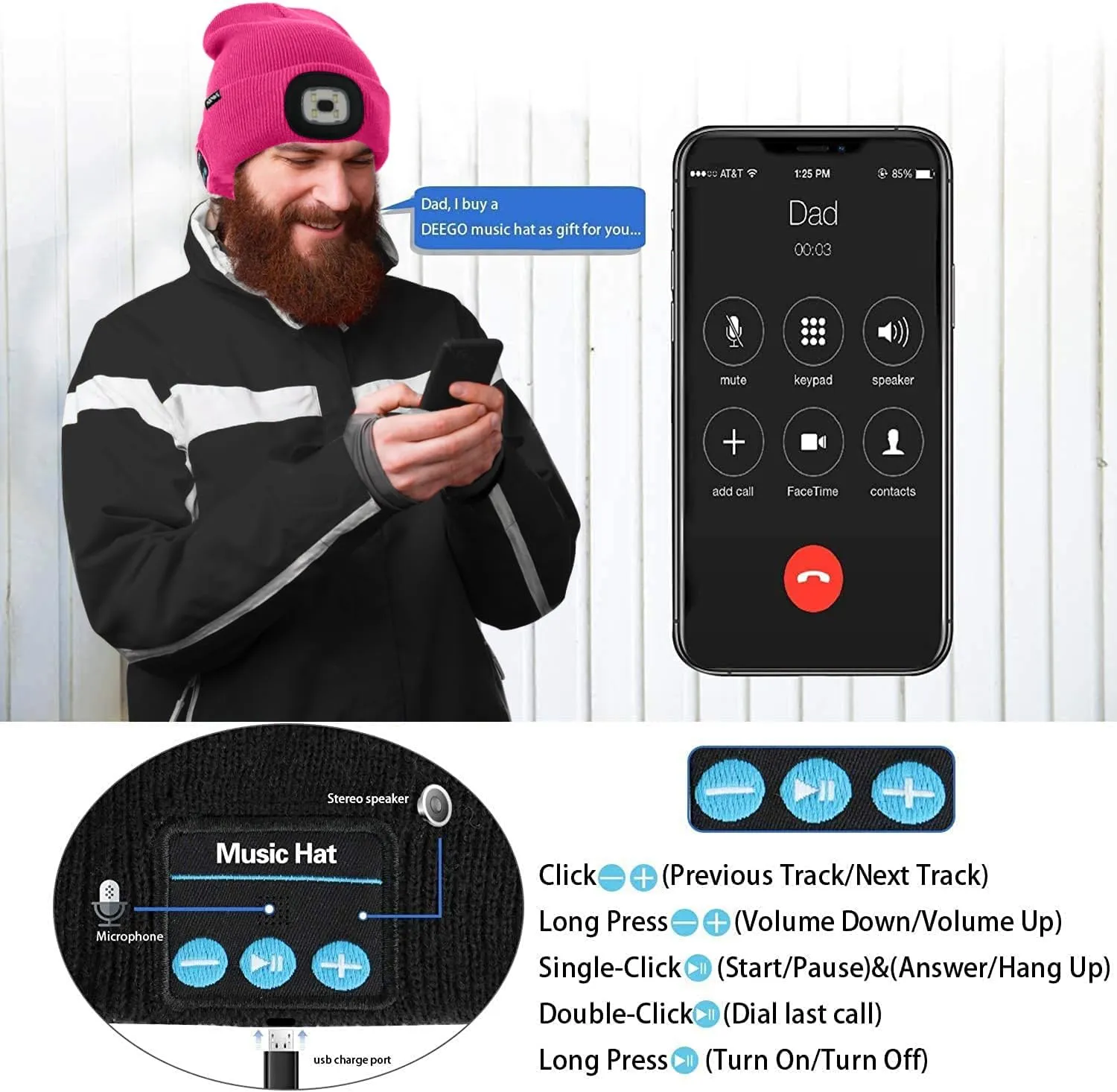 ATNKE LED Lighted Bluetooth Beanie Hat,USB Rechargeable 4 LED Wireless Music Running Headlamp Cap Gift for Men and Women