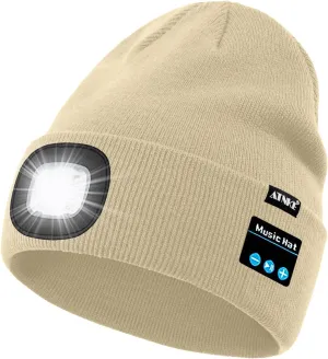 ATNKE LED Lighted Bluetooth Beanie Hat,USB Rechargeable 4 LED Wireless Music Running Headlamp Cap Gift for Men and Women