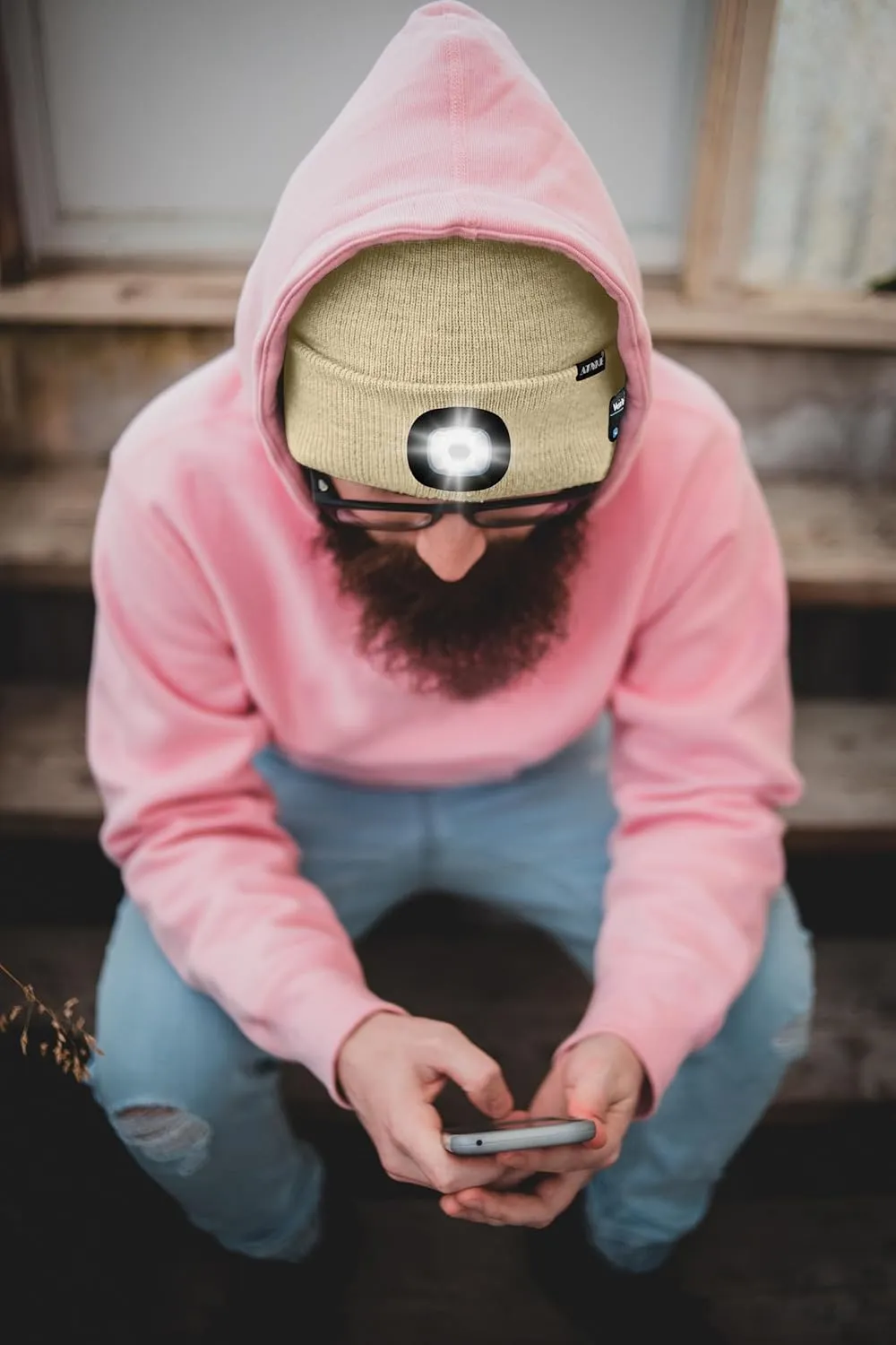 ATNKE LED Lighted Bluetooth Beanie Hat,USB Rechargeable 4 LED Wireless Music Running Headlamp Cap Gift for Men and Women