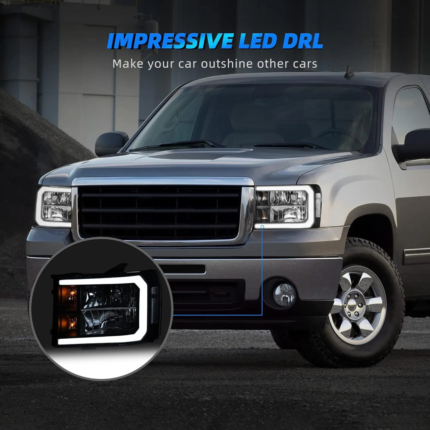 AUTOSAVER88 LED DRL Headlights Assembly Compatible with 2007-2013 GMC Sierra 1500/2007-2014 GMC Sierra 2500 HD/Sierra 3500 HD (Not fit classic models) Headlamp Black Housing Clear Lens