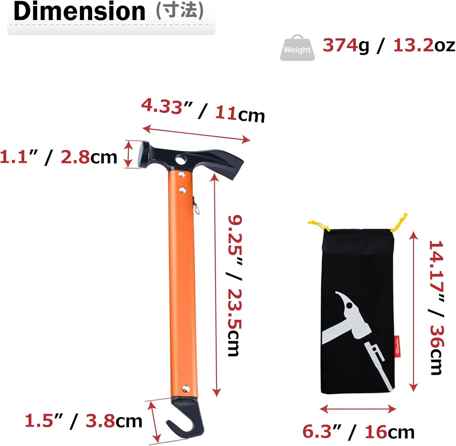 Azarxis Tent Stake Mallet Tark Peg Puller Hammer Nail Remover for Outdoor Camping Gardening Backpacking Hiking Lightweight Portable with Carry Bag (Red - Carbon Steel Head   Aluminum Handle)