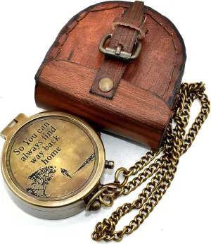 Backone Antique Brass Flat Compass With Leather Carry Case And Chain Pirates Compass Brown Engraved Navigational Compass