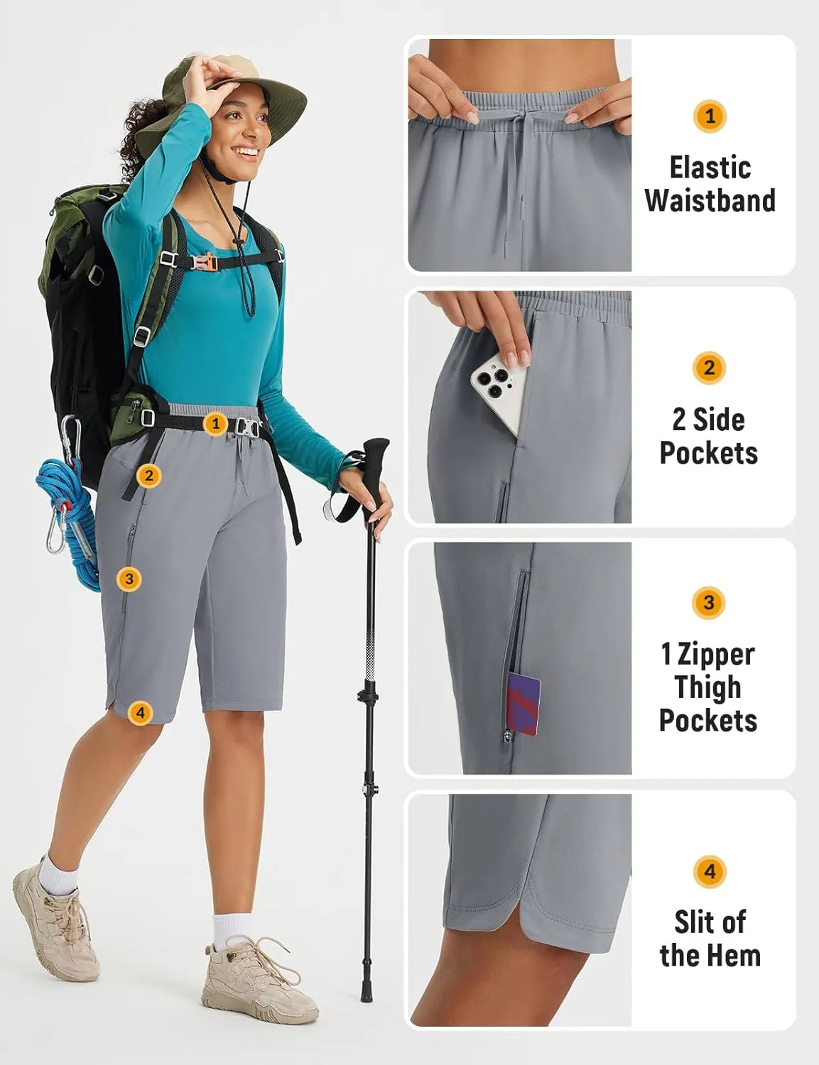 baleaf Women's 13'' Knee Length Hiking Shorts Quick Dry Water Resistant Lightweight Bermuda with Pockets