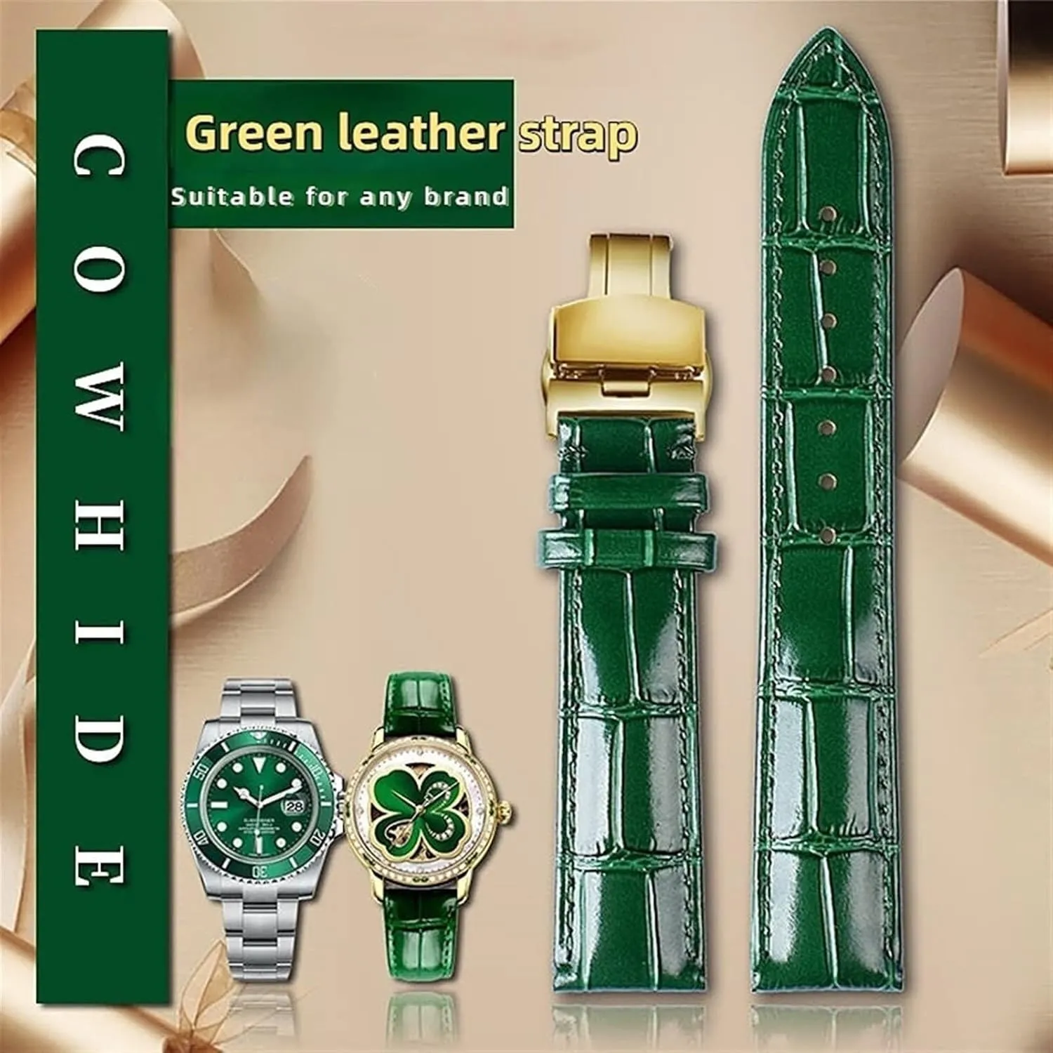 Bamboo Pattern Soft Cowhide Leather Watch Strap With Butterfly Buckle Ostrich Green Mens Watchband Bracelet