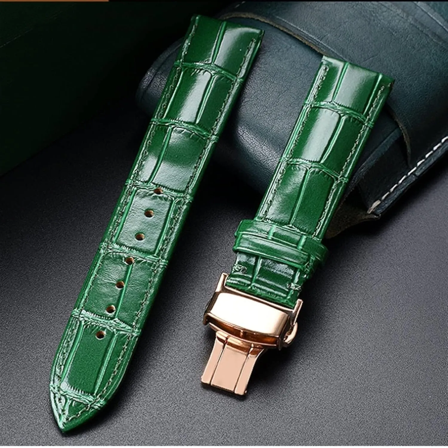 Bamboo Pattern Soft Cowhide Leather Watch Strap With Butterfly Buckle Ostrich Green Mens Watchband Bracelet