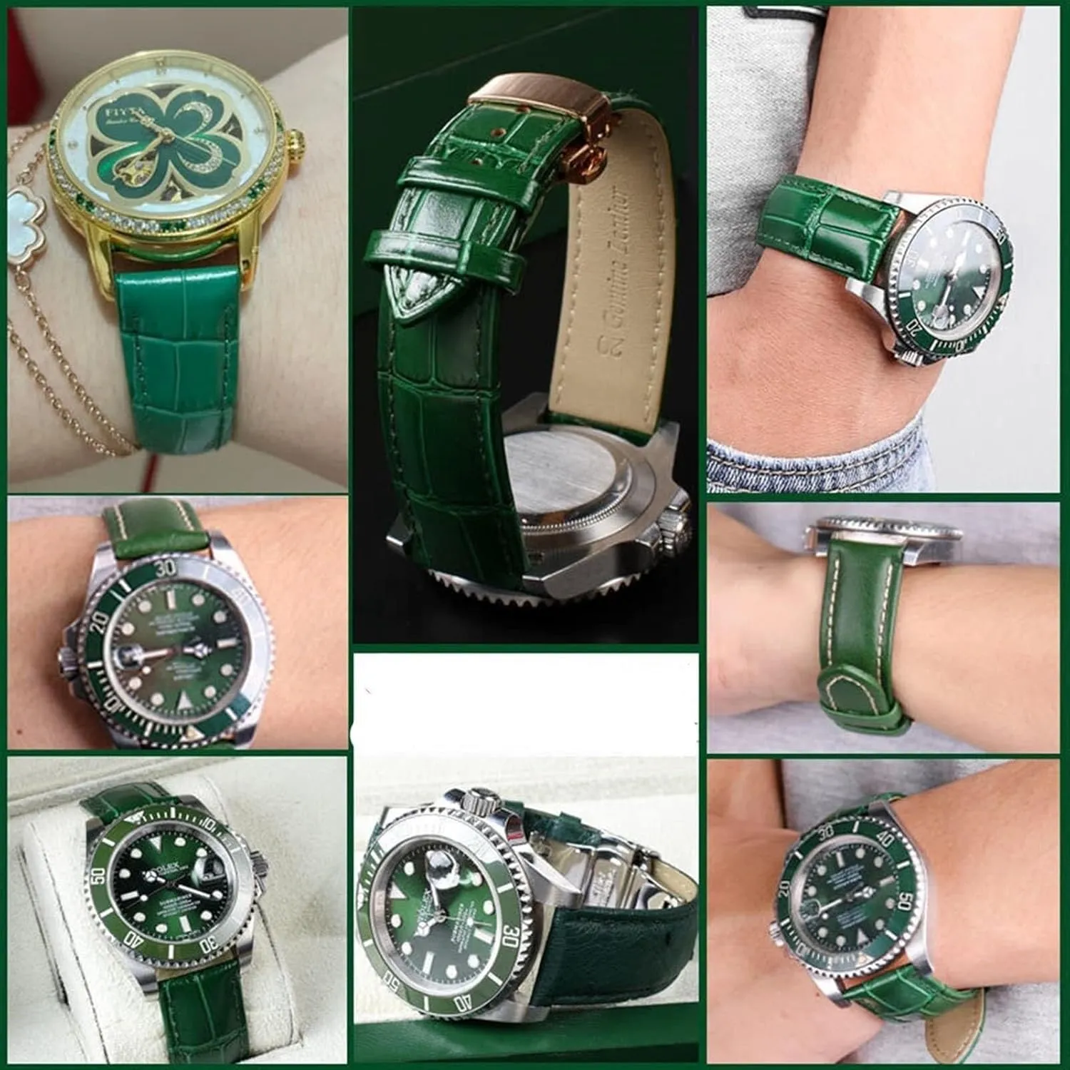 Bamboo Pattern Soft Cowhide Leather Watch Strap With Butterfly Buckle Ostrich Green Mens Watchband Bracelet