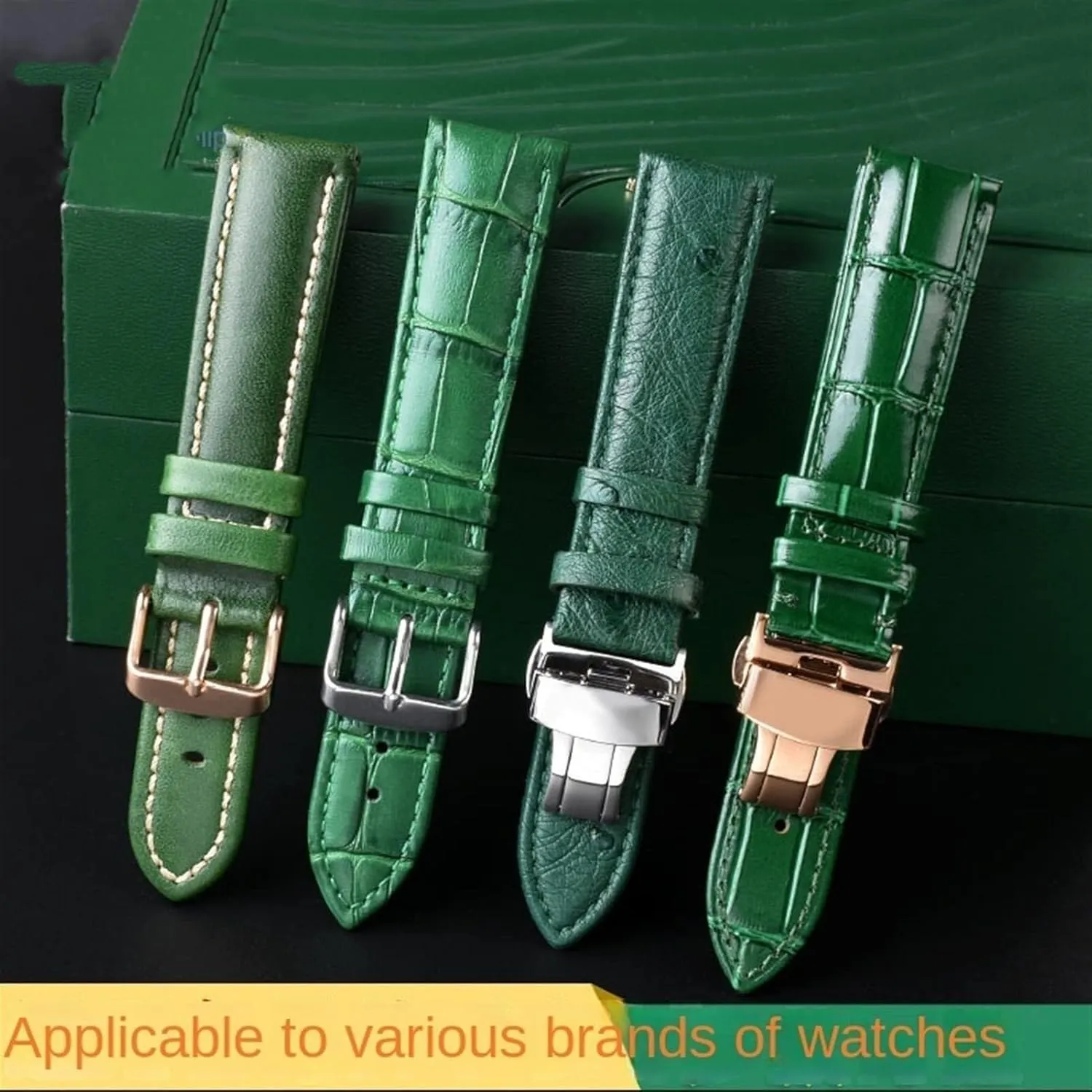 Bamboo Pattern Soft Cowhide Leather Watch Strap With Butterfly Buckle Ostrich Green Mens Watchband Bracelet