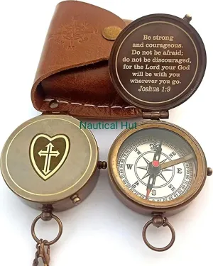 Be Strong and Courageous for The Lord Engraved Brass Antique Compass with Leather Case - Joshua 1:9 Brass Pocket Compass Camping & Hiking Compass for Birthday, Anniversary, Graduation, Baptism (X)