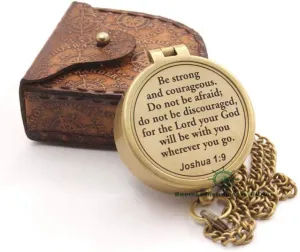 Be Strong And Courageous, Joshua 1:9, Solid Brass Directional Engraved Compass - Baptism, First Communion, Confirmation Gift for Boys, Girls, Men - Christian Catholic