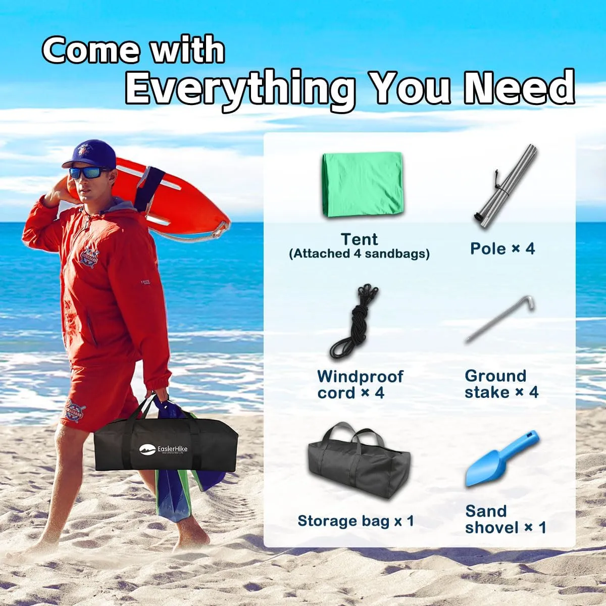 Beach Shade Tent, Portable Easy Pop Up Beach Canopy, UPF50  Sun Protection Shelter, Windproof & Water Resistant, Perfect for Family
