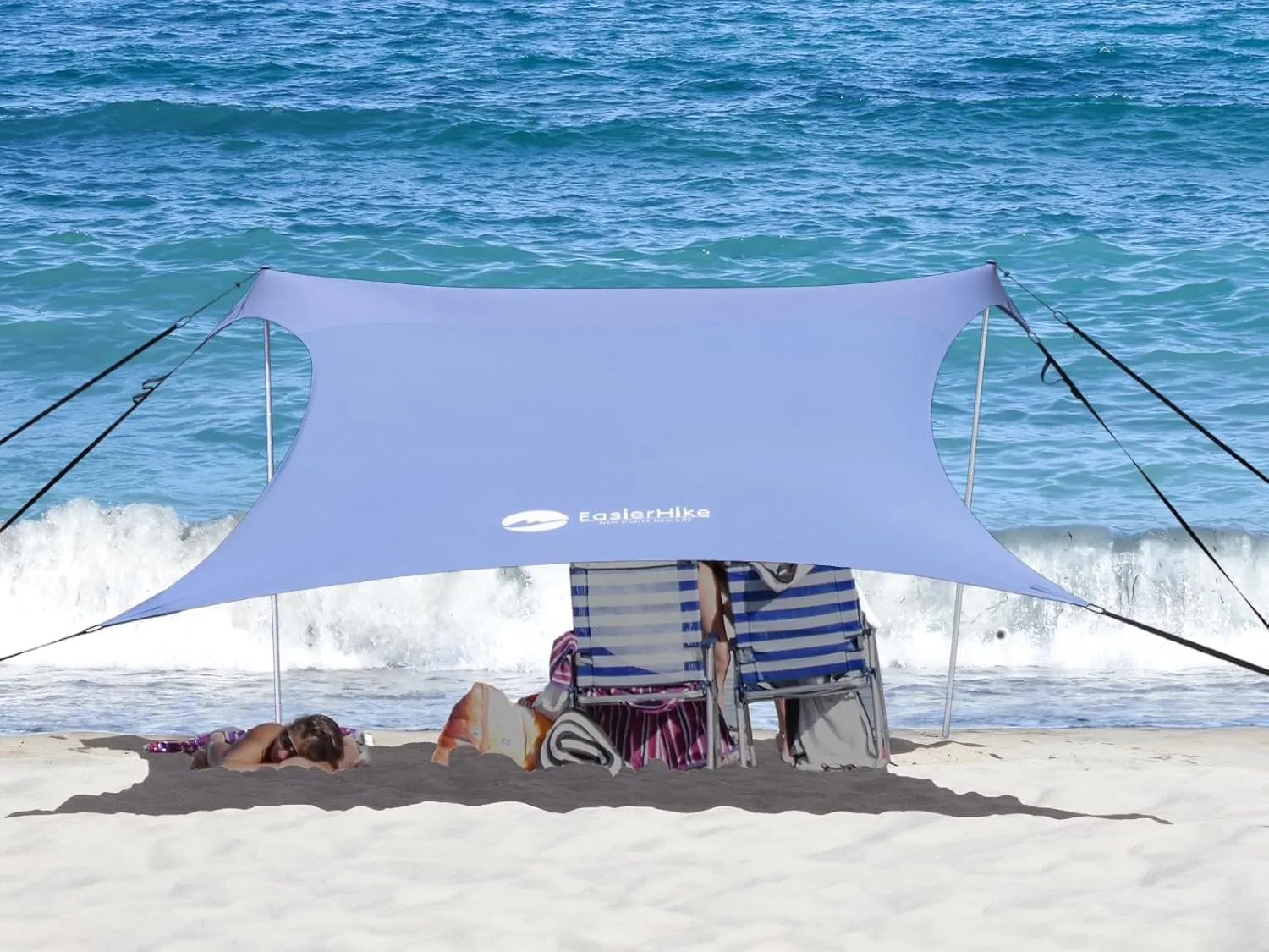 Beach Sun Shade Windproof Design, Sun Shelter UPF50  Portable Family Tent with 6 Sandbags Anchors 10x10 FT 2 Pole