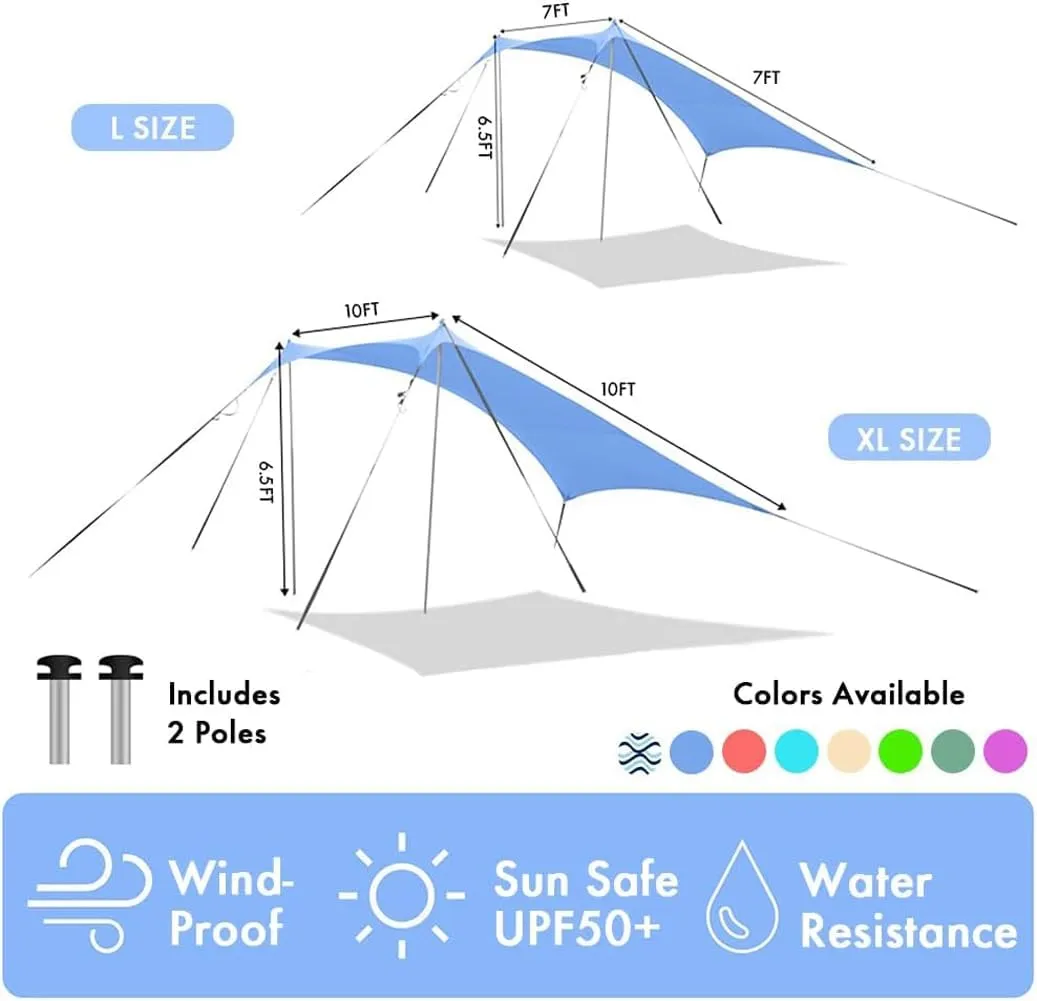 Beach Sun Shade Windproof Design, Sun Shelter UPF50  Portable Family Tent with 6 Sandbags Anchors 10x10 FT 2 Pole