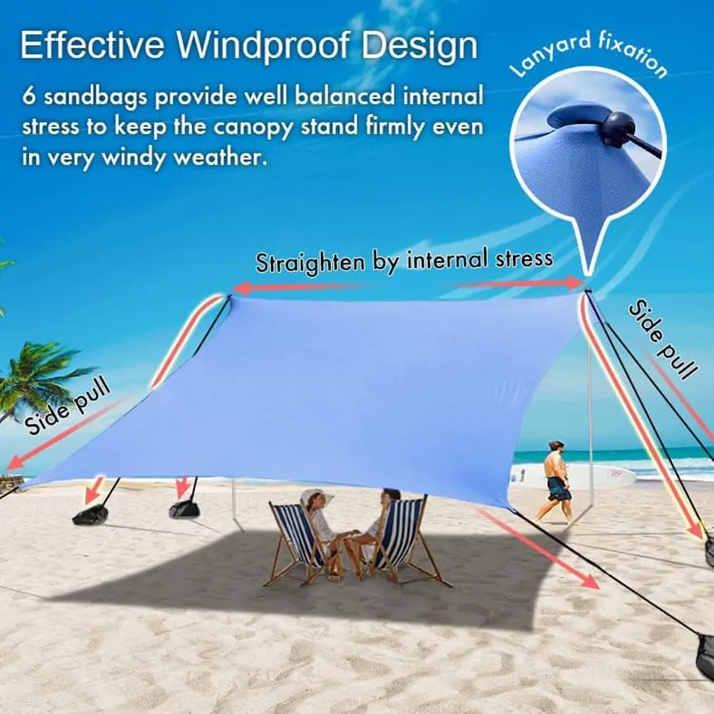 Beach Sun Shade Windproof Design, Sun Shelter UPF50  Portable Family Tent with 6 Sandbags Anchors 10x10 FT 2 Pole