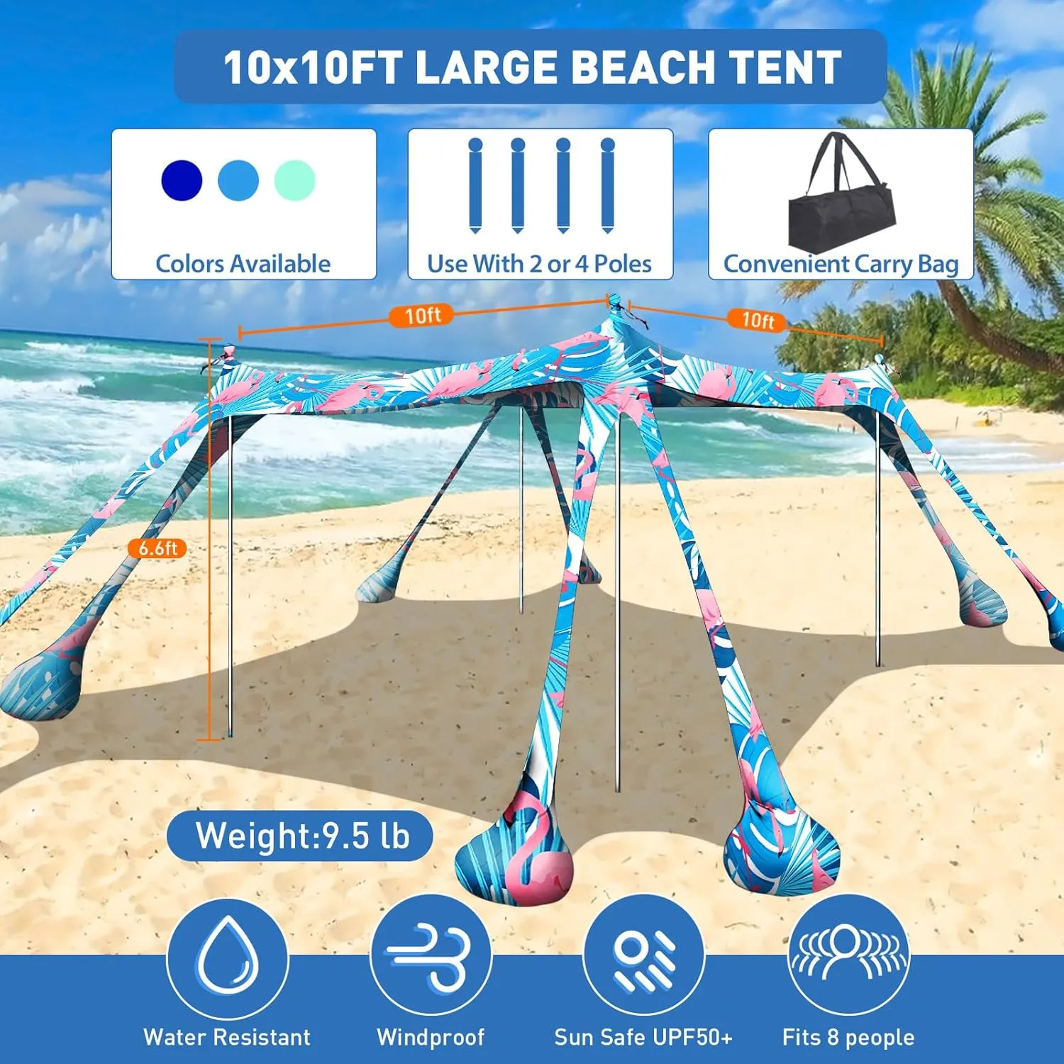 Beach Tent Canopy Pop Up Shade 10x10ft Sun Shelter Portable Family UPF50  with 8 Sandbags-2 Sand Shovel-4 Aluminum Poles-Ground Pegs-Carrying Bag for Outdoor Camping Fishing Backyard Picnic