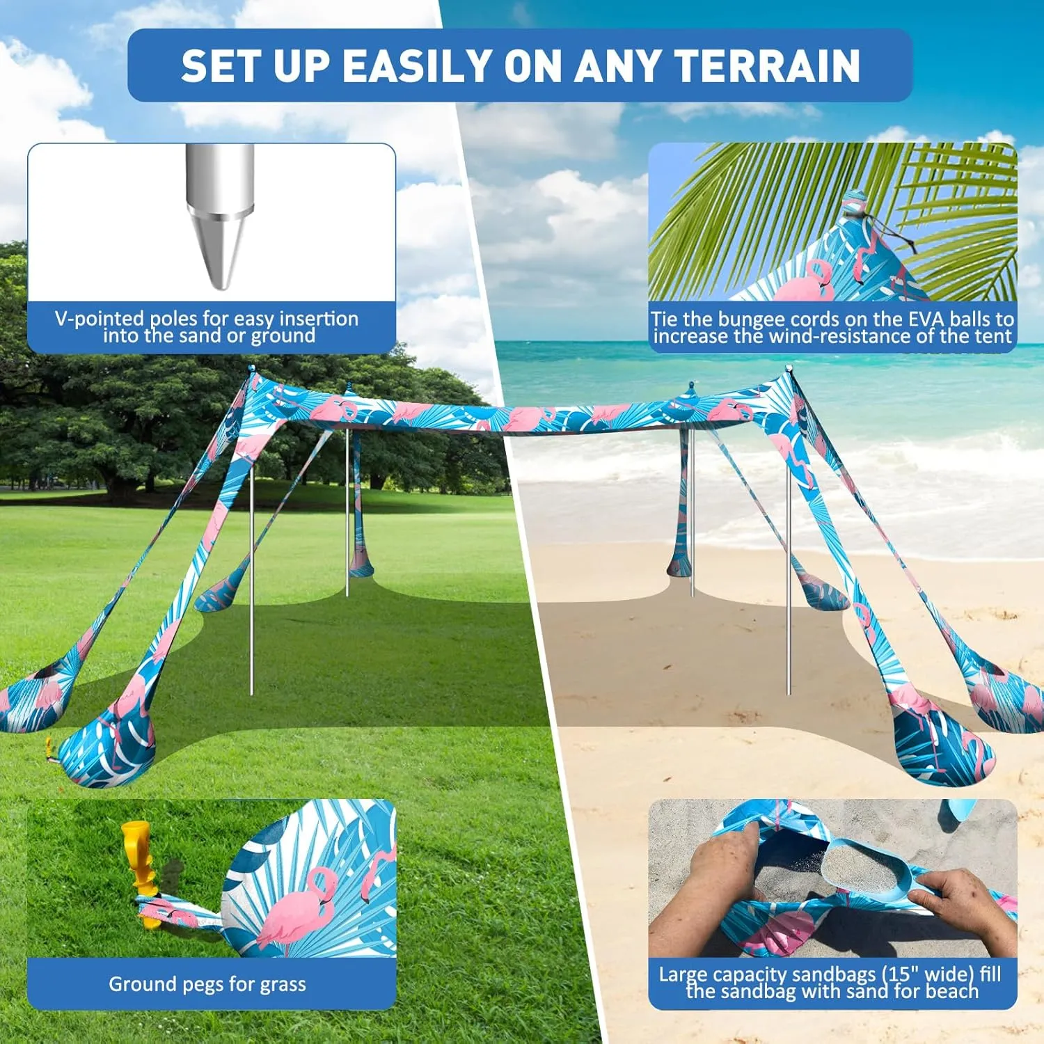 Beach Tent Canopy Pop Up Shade 10x10ft Sun Shelter Portable Family UPF50  with 8 Sandbags-2 Sand Shovel-4 Aluminum Poles-Ground Pegs-Carrying Bag for Outdoor Camping Fishing Backyard Picnic