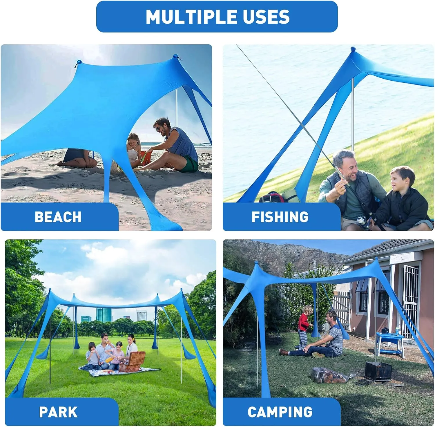 Beach Tent Canopy Pop Up Shade 10x10ft Sun Shelter Portable Family UPF50  with 8 Sandbags-2 Sand Shovel-4 Aluminum Poles-Ground Pegs-Carrying Bag for Outdoor Camping Fishing Backyard Picnic