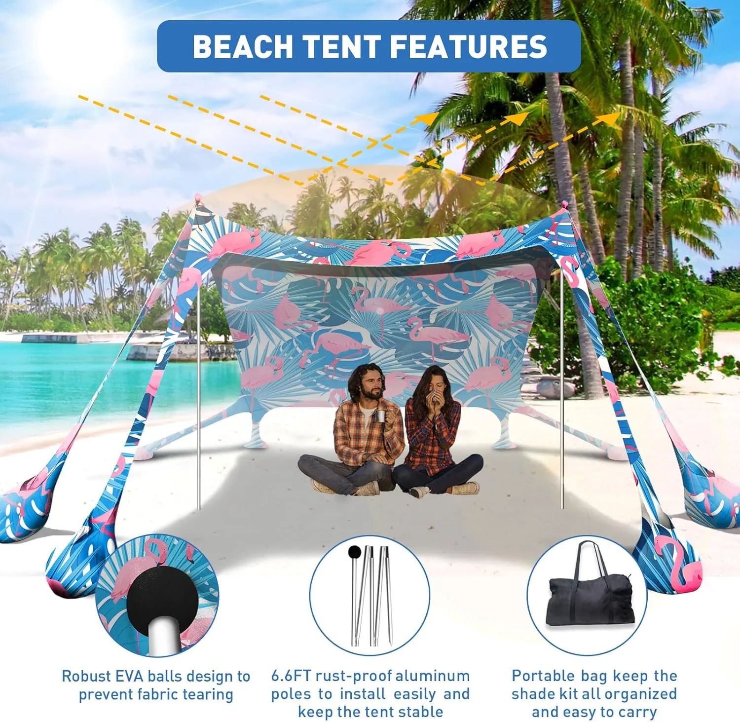 Beach Tent Canopy Pop Up Shade 10x10ft Sun Shelter Portable Family UPF50  with 8 Sandbags-2 Sand Shovel-4 Aluminum Poles-Ground Pegs-Carrying Bag for Outdoor Camping Fishing Backyard Picnic