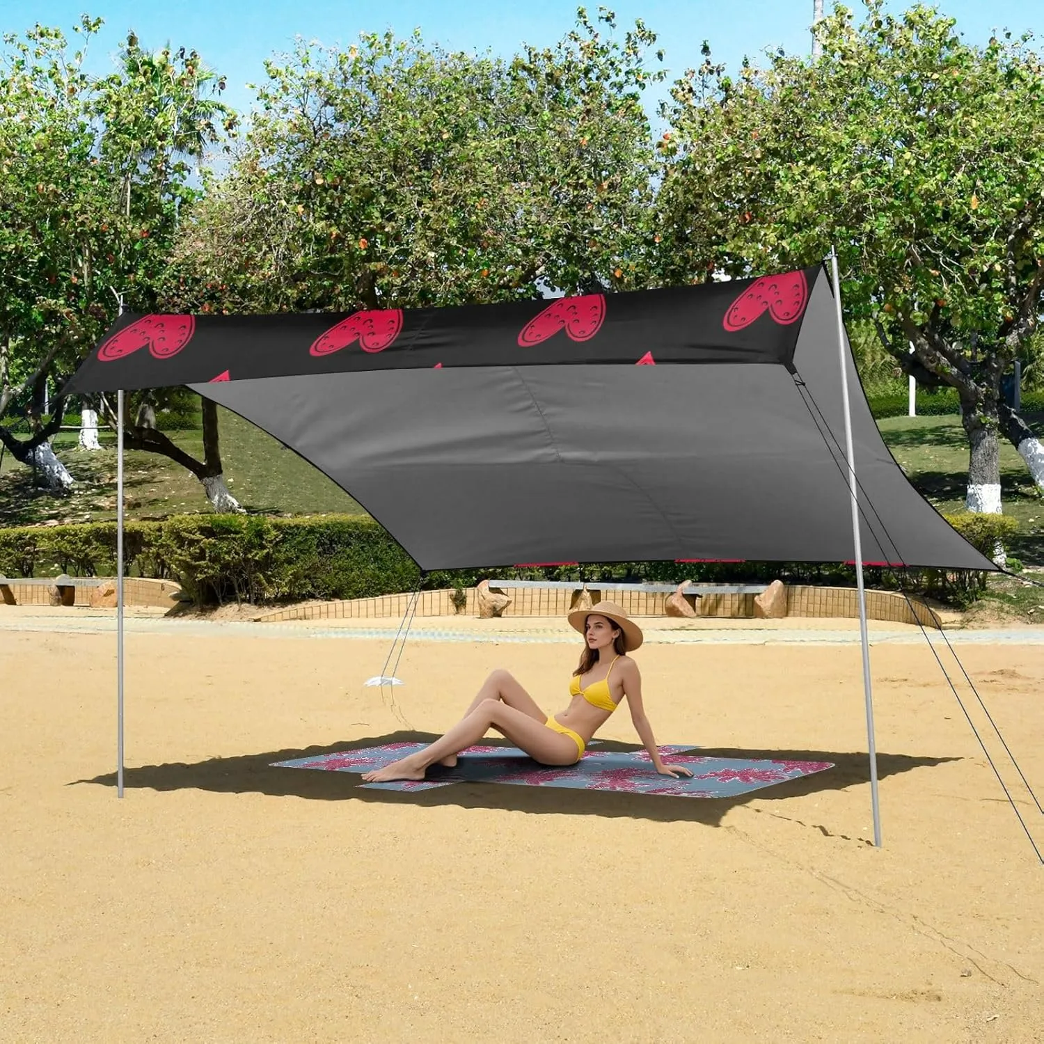 Beach Tent Canopy Stylized Red Hearts Black Sun Shade Outdoor Patio 9.2 × 10.5 FT Pool Portable Camping Shelter Windproof with Sand Bags Poles