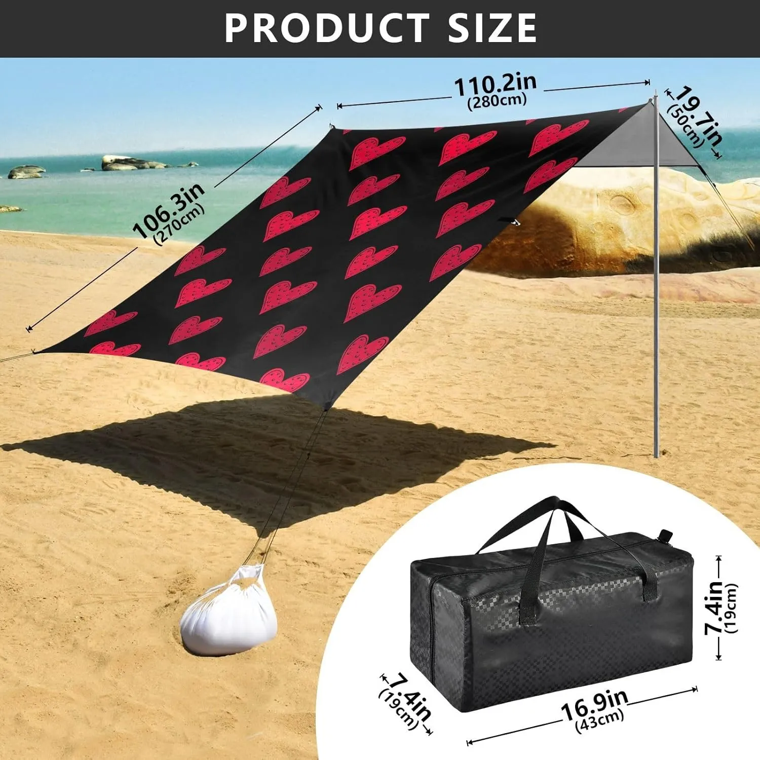 Beach Tent Canopy Stylized Red Hearts Black Sun Shade Outdoor Patio 9.2 × 10.5 FT Pool Portable Camping Shelter Windproof with Sand Bags Poles