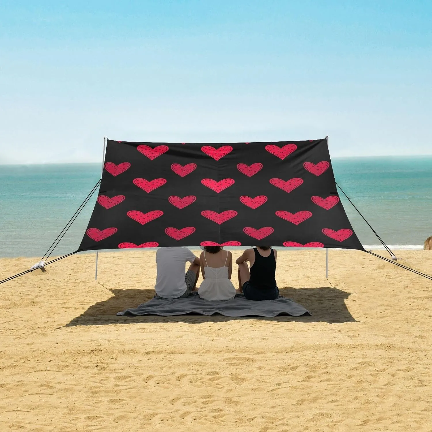 Beach Tent Canopy Stylized Red Hearts Black Sun Shade Outdoor Patio 9.2 × 10.5 FT Pool Portable Camping Shelter Windproof with Sand Bags Poles