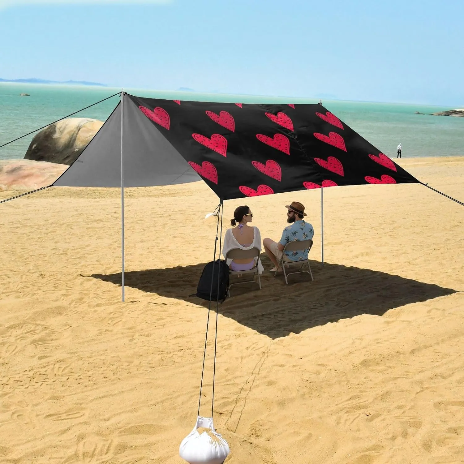 Beach Tent Canopy Stylized Red Hearts Black Sun Shade Outdoor Patio 9.2 × 10.5 FT Pool Portable Camping Shelter Windproof with Sand Bags Poles