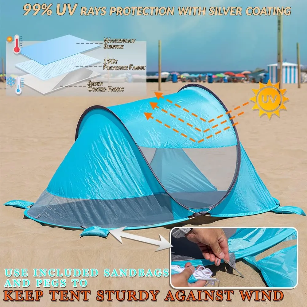 Beach Tent Pop Up Large Instant Set Up Zento Deals- 3-4 Person Sun Shade Shelter with UV Protection - Tent with Carry Bag for Outdoor Activities - Easy Setup Windproof Waterproof Beach Canopy Cabana