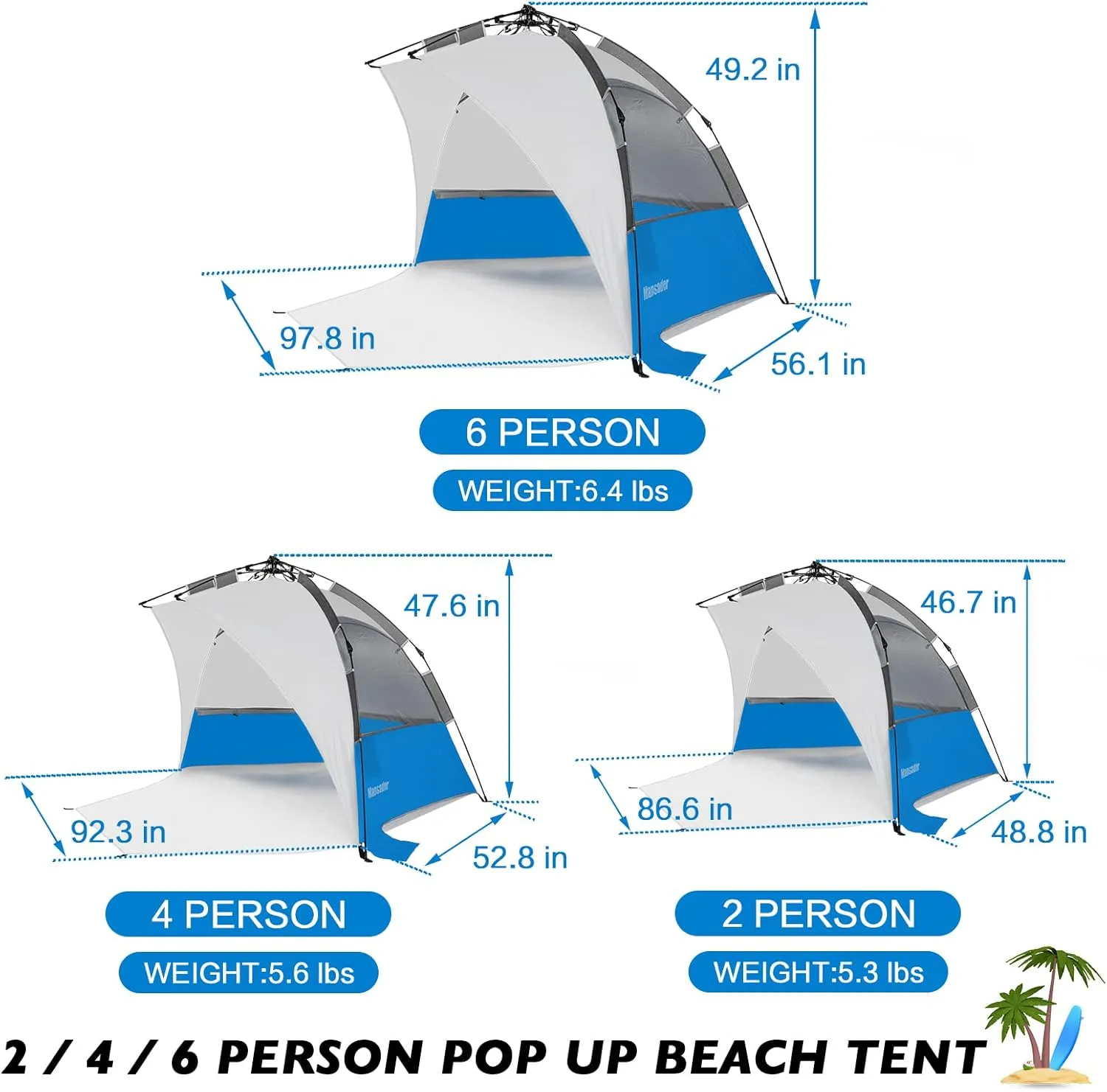Beach Tent Pop Up Shade, Instant Beach Tents Sun Shelter with UPF 50  UV Protection, Lightweight & Easy Setup Tent 2-6 Person