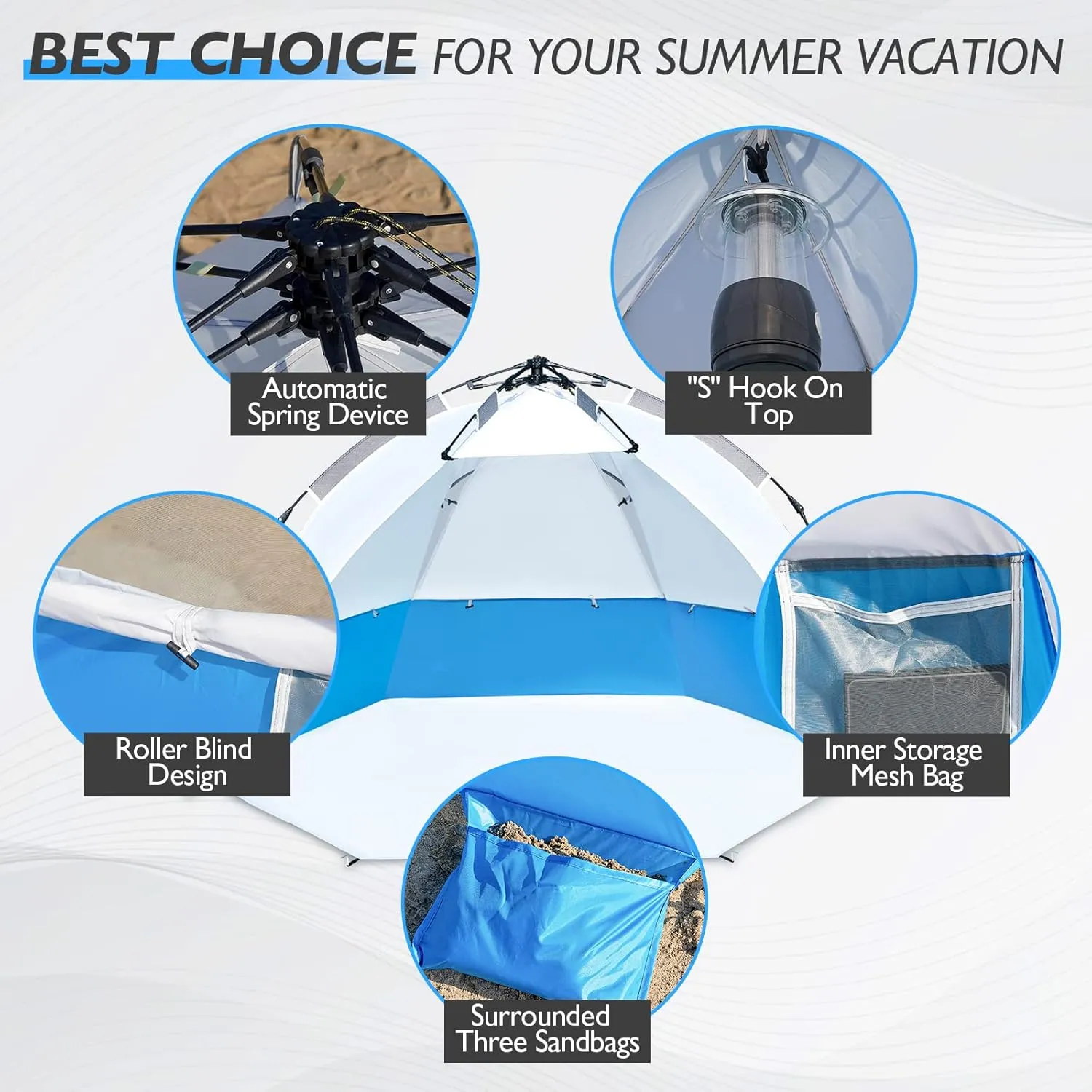 Beach Tent Pop Up Shade, Instant Beach Tents Sun Shelter with UPF 50  UV Protection, Lightweight & Easy Setup Tent 2-6 Person