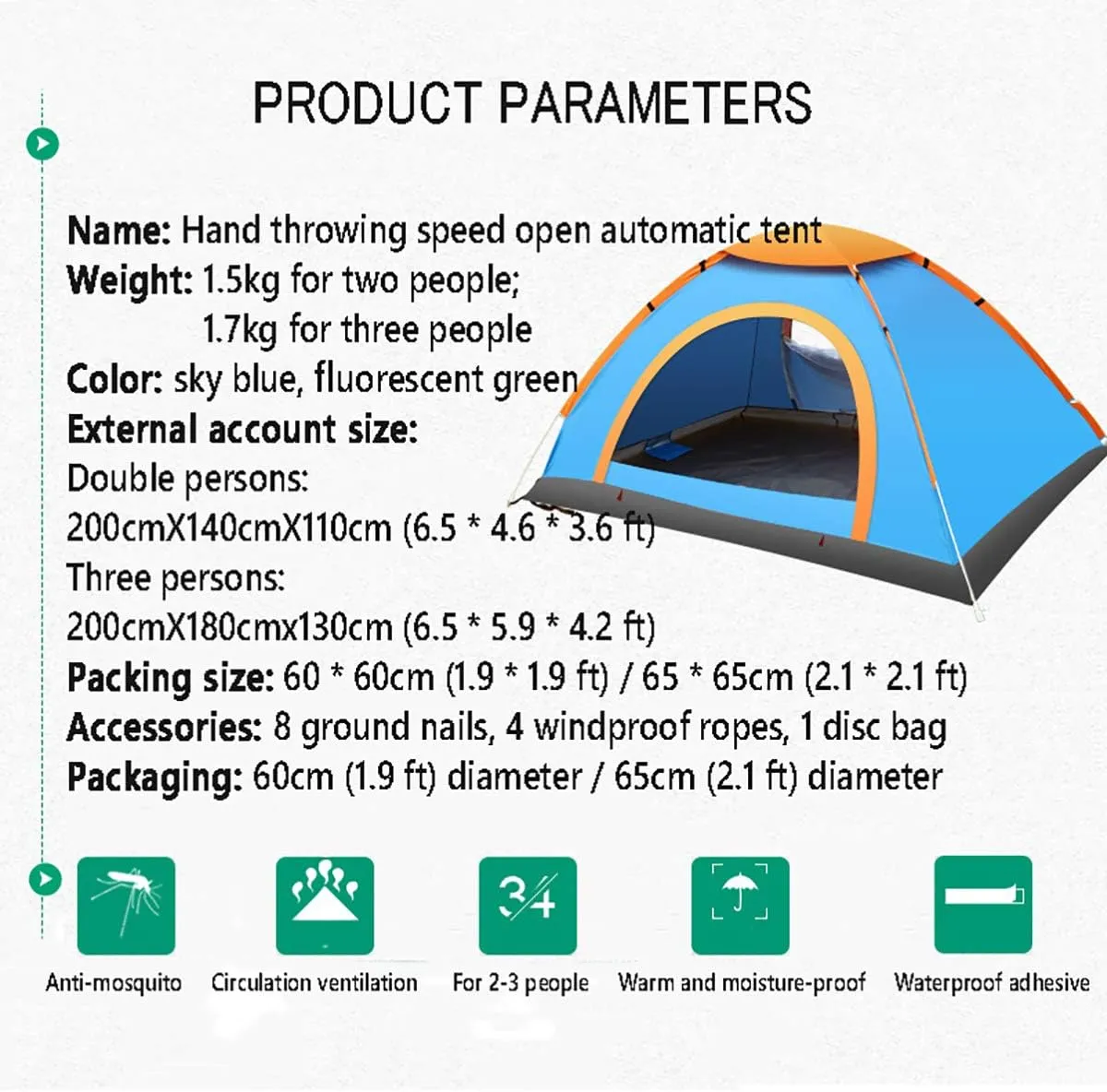 Beach Tent, Pop Up Tents for Double/3 to 4 Person Automatic Opening Double Layer Tent,Rainproof and Sunproof Portable Beach Camping Tent,Green,3 to4 P