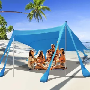 Beach Tent Sun Shelter, 10x10 FT Windproof Beach Canopy Tent Sun Shade, UPF50  Beach Tent with 8 Sandbags, 4 Stability Poles, Sand Shovel Ground Pegs, Instant Setup Beach Shade for Outdoor Camping