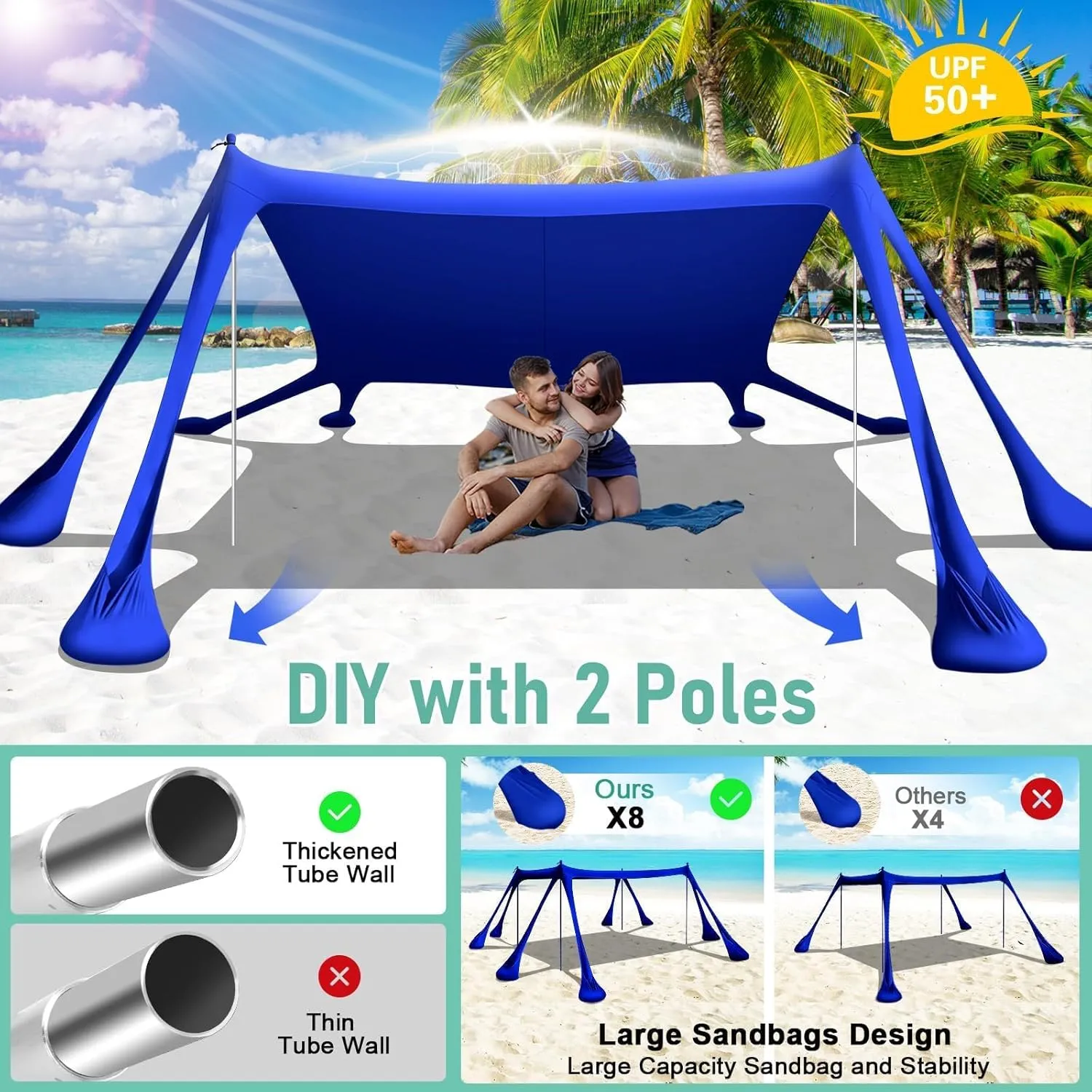 Beach Tent Sun Shelter Beach Canopy Tent Sun Shade Pop Up 10x10 UPF50  with 8 Sandbags-2 Sand Shovel-Portable 4 Aluminum Poles-Ground Pegs-Easy Setup for Outdoor Family Camping Fishing Picnic