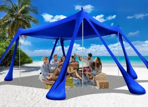 Beach Tent Sun Shelter Beach Canopy Tent Sun Shade Pop Up 10x10 UPF50  with 8 Sandbags-2 Sand Shovel-Portable 4 Aluminum Poles-Ground Pegs-Easy Setup for Outdoor Family Camping Fishing Picnic
