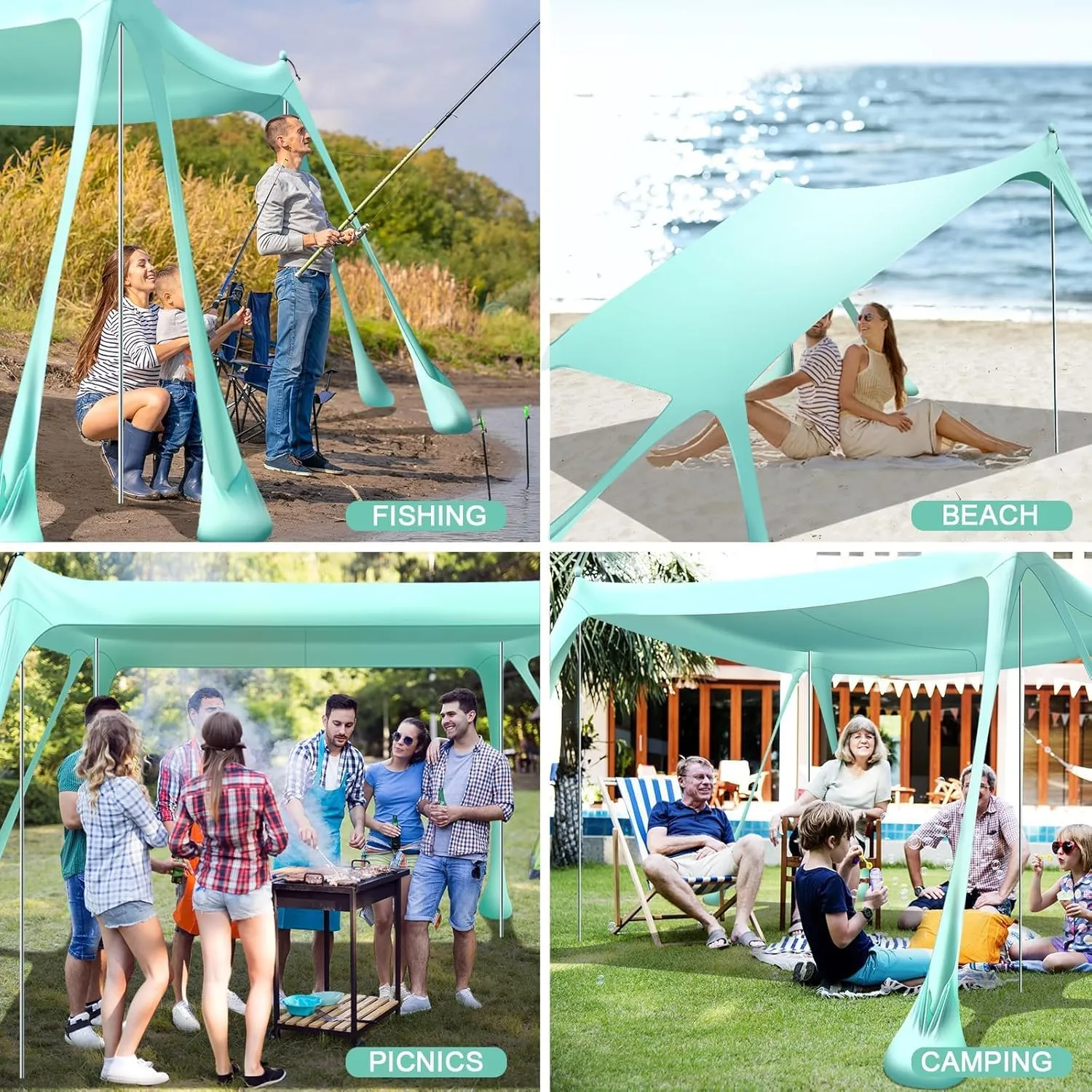 Beach Tent Sun Shelter Beach Canopy Tent Sun Shade Pop Up 10x10 UPF50  with 8 Sandbags-2 Sand Shovel-Portable 4 Aluminum Poles-Ground Pegs-Easy Setup for Outdoor Family Camping Fishing Picnic