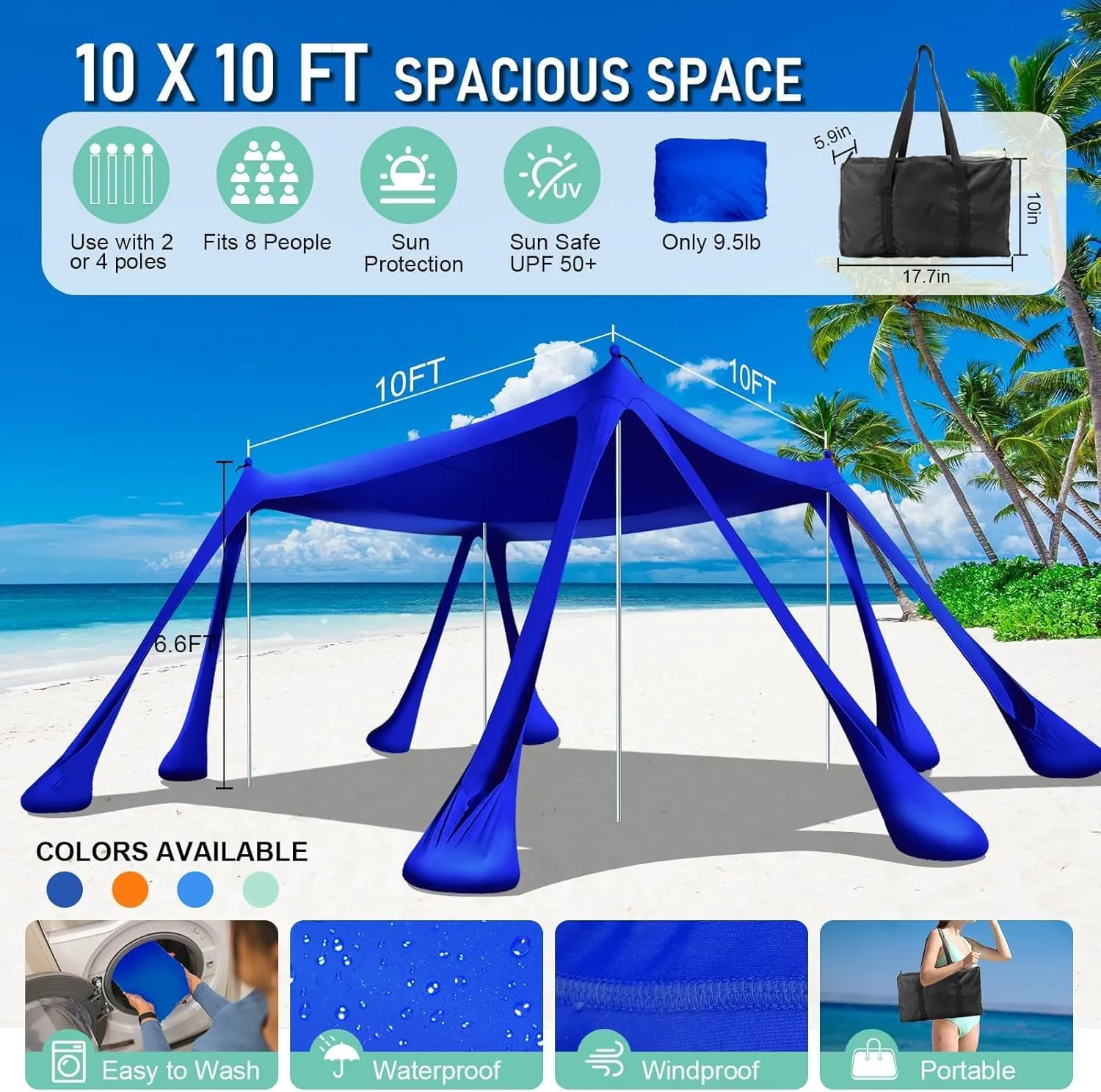 Beach Tent Sun Shelter Beach Canopy Tent Sun Shade Pop Up 10x10 UPF50  with 8 Sandbags-2 Sand Shovel-Portable 4 Aluminum Poles-Ground Pegs-Easy Setup for Outdoor Family Camping Fishing Picnic
