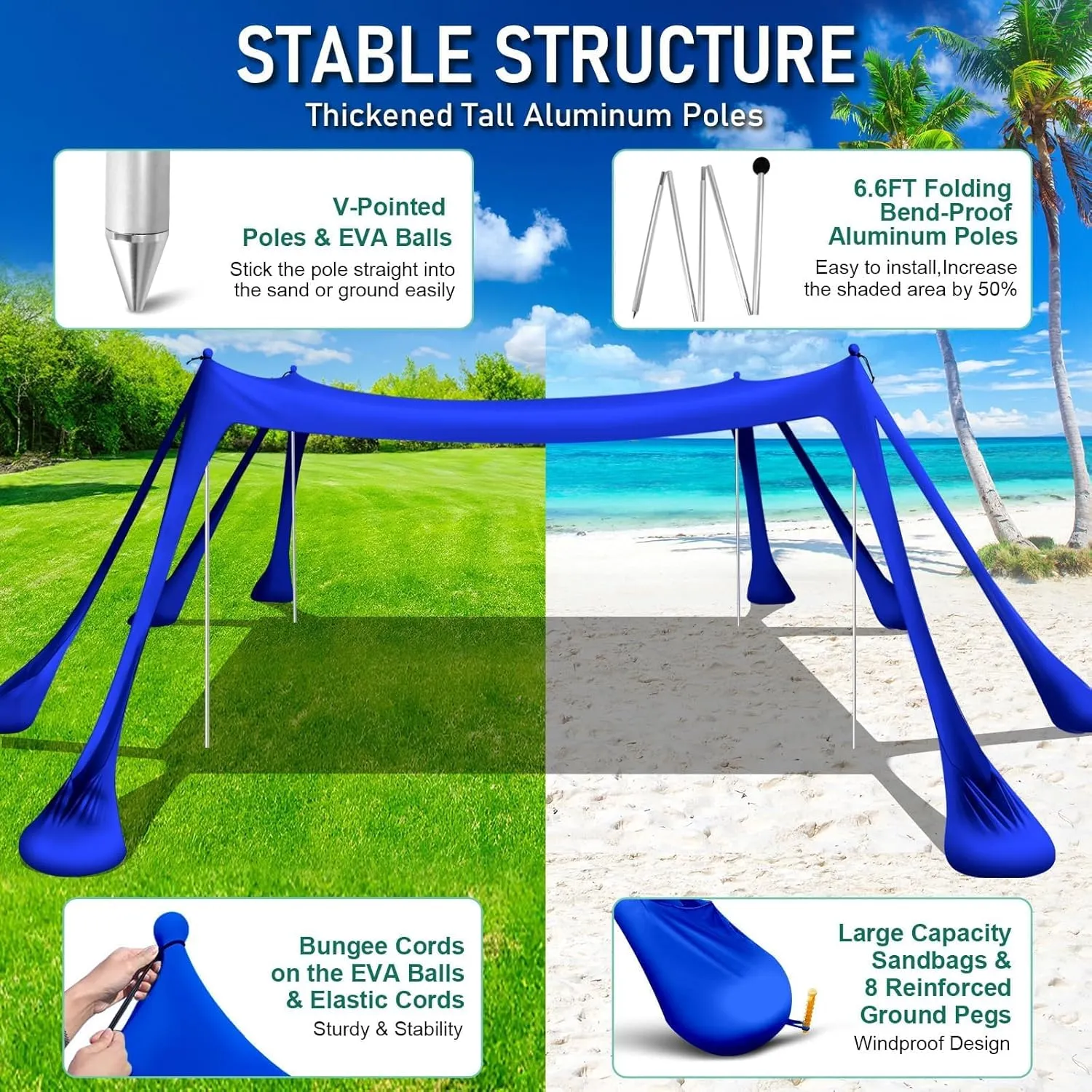Beach Tent Sun Shelter Beach Canopy Tent Sun Shade Pop Up 10x10 UPF50  with 8 Sandbags-2 Sand Shovel-Portable 4 Aluminum Poles-Ground Pegs-Easy Setup for Outdoor Family Camping Fishing Picnic