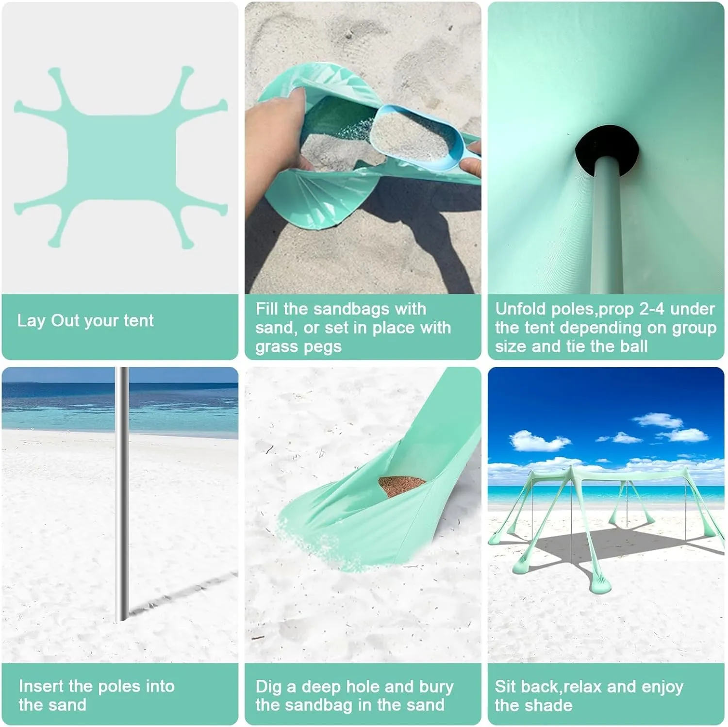 Beach Tent Sun Shelter Beach Canopy Tent Sun Shade Pop Up 10x10 UPF50  with 8 Sandbags-2 Sand Shovel-Portable 4 Aluminum Poles-Ground Pegs-Easy Setup for Outdoor Family Camping Fishing Picnic