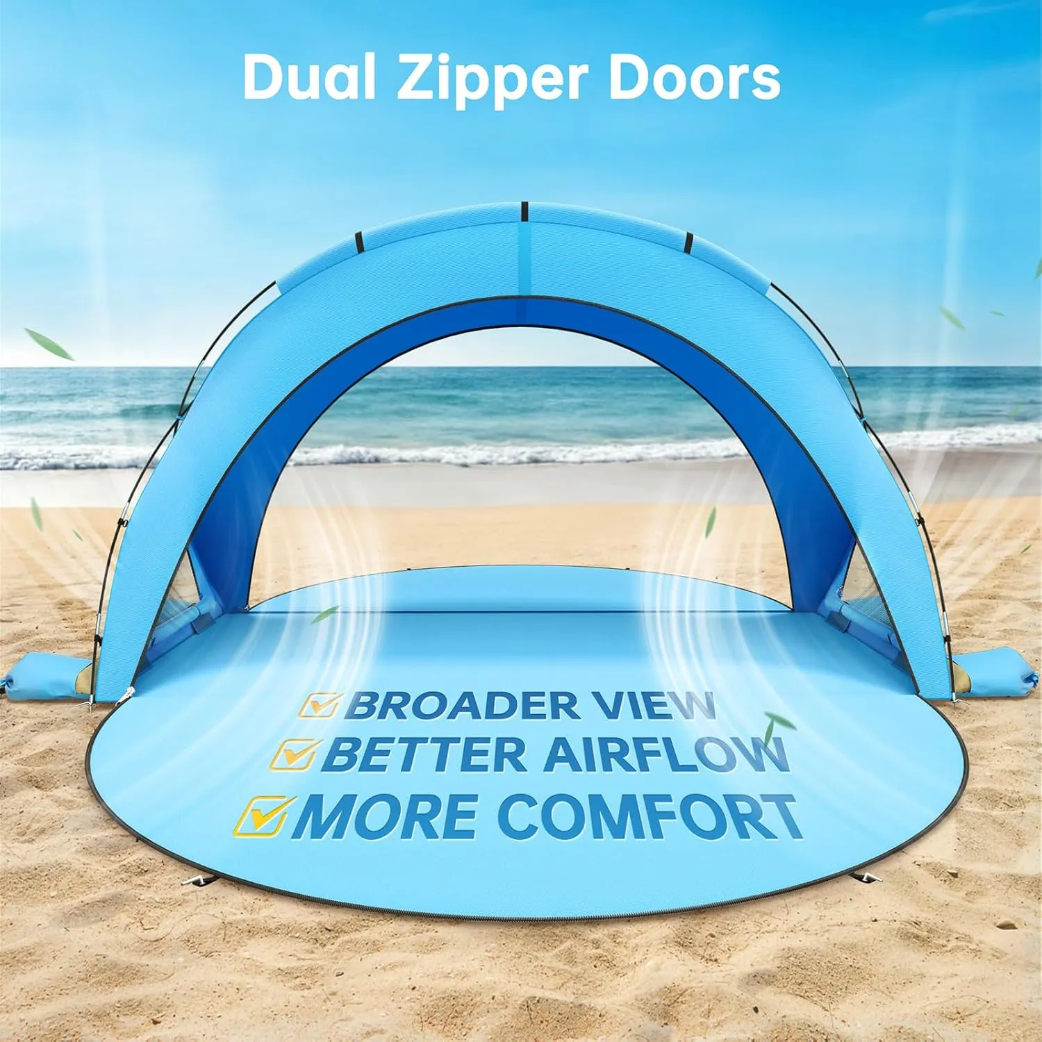 Beach Tent Sun Shelter, Beach Shade Tent with UPF50  UV Protection, Beach Sun Shelter, Beach Shade with 2 Zippered Doors, Portable Beach Tent for Beach Camping Fishing