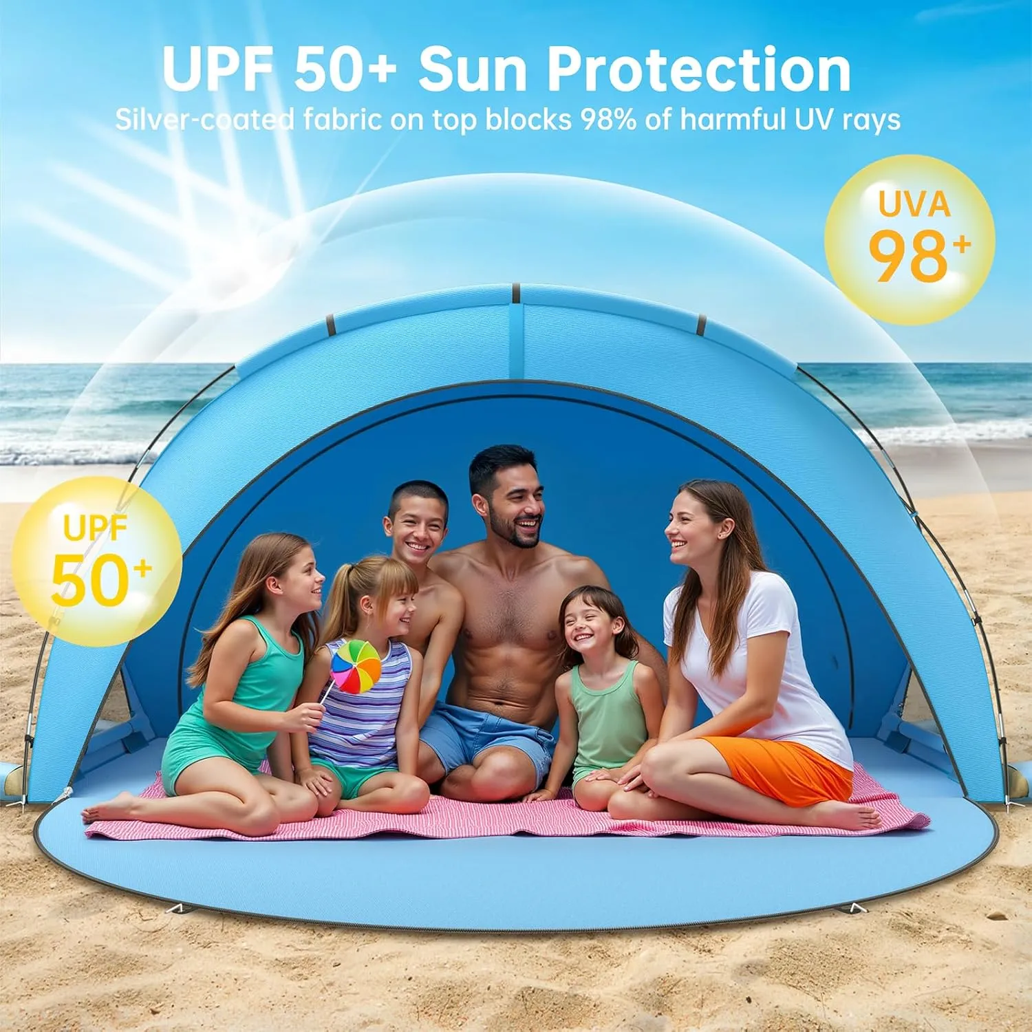 Beach Tent Sun Shelter, Beach Shade Tent with UPF50  UV Protection, Beach Sun Shelter, Beach Shade with 2 Zippered Doors, Portable Beach Tent for Beach Camping Fishing