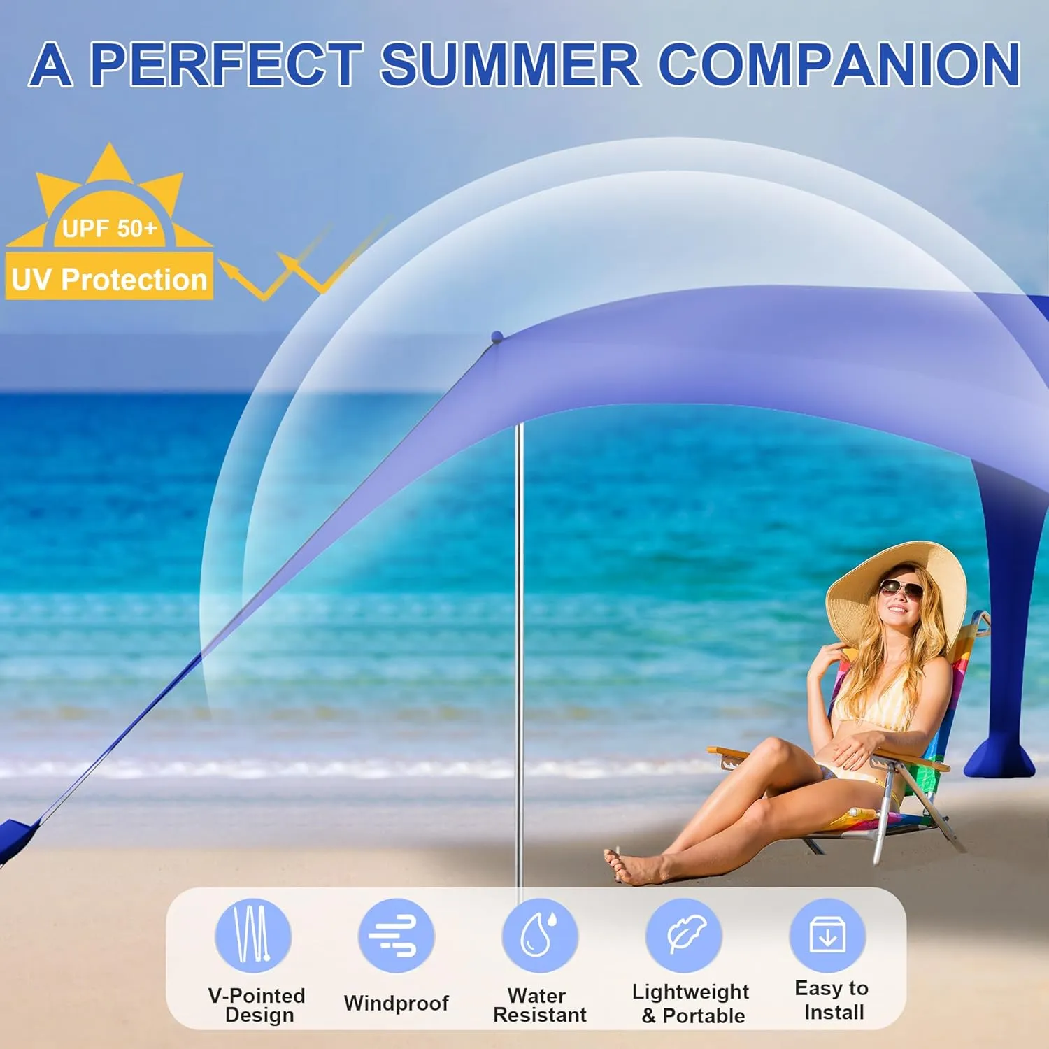 Beach Tent Sun Shelter UPF50  with Sandbags, Sand Shovel & Windproof Poles - Portable Pop Up Canopy for Beach, Camping, Picnics, Backyard & Fishing (Royal Blue,10x10FT)