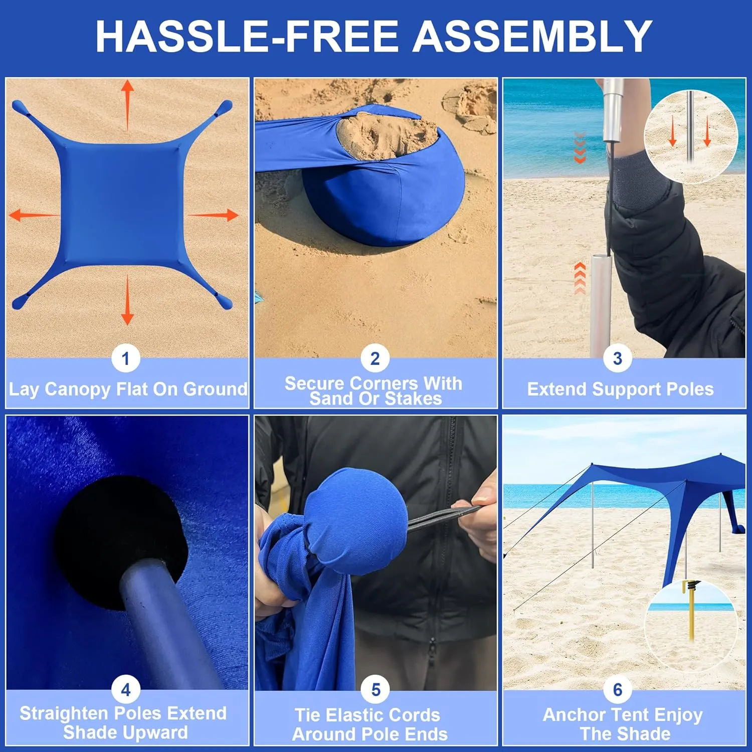 Beach Tent Sun Shelter UPF50  with Sandbags, Sand Shovel & Windproof Poles - Portable Pop Up Canopy for Beach, Camping, Picnics, Backyard & Fishing (Royal Blue,10x10FT)