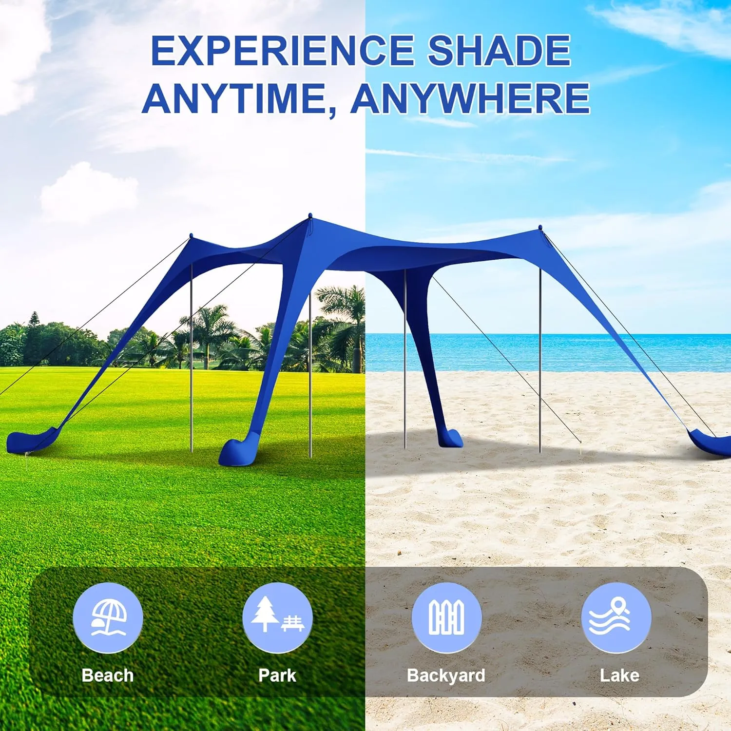 Beach Tent Sun Shelter UPF50  with Sandbags, Sand Shovel & Windproof Poles - Portable Pop Up Canopy for Beach, Camping, Picnics, Backyard & Fishing (Royal Blue,10x10FT)