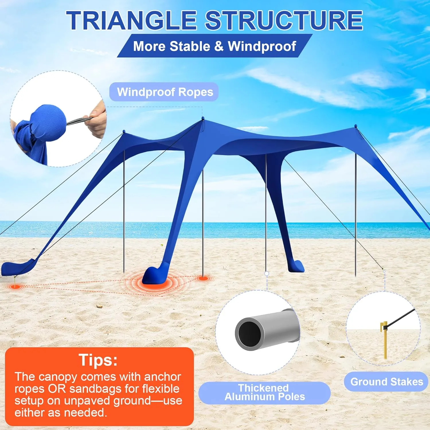 Beach Tent Sun Shelter UPF50  with Sandbags, Sand Shovel & Windproof Poles - Portable Pop Up Canopy for Beach, Camping, Picnics, Backyard & Fishing (Royal Blue,10x10FT)
