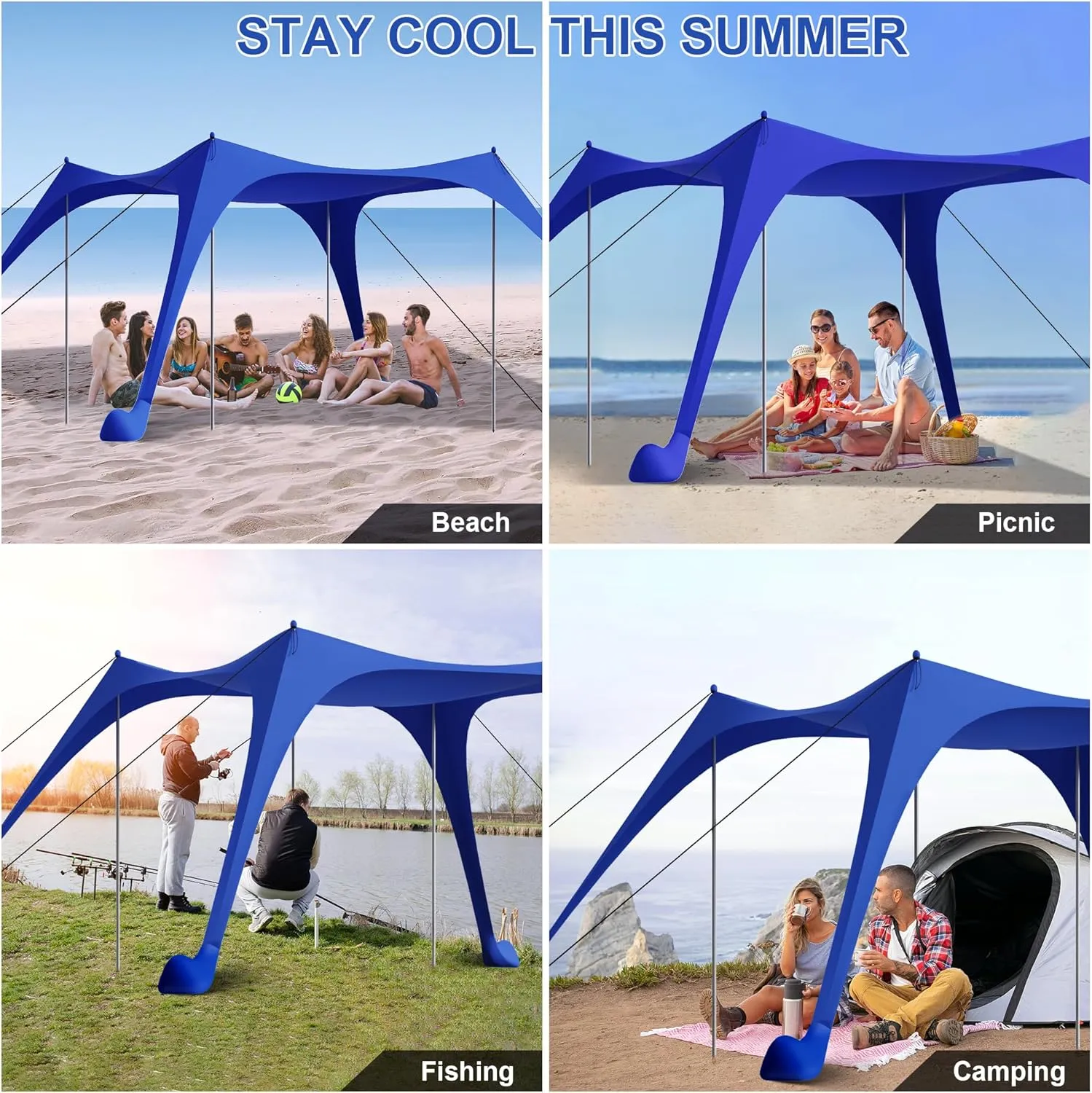 Beach Tent Sun Shelter UPF50  with Sandbags, Sand Shovel & Windproof Poles - Portable Pop Up Canopy for Beach, Camping, Picnics, Backyard & Fishing (Royal Blue,10x10FT)