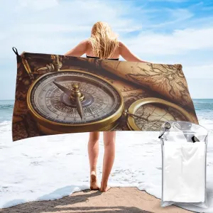Beach Towel Sand Free Quick Dry Towel Microfiber Oversized Compass and Old World Map Travel Towel 31.5"X63" Absorbent Bath Towel Compact Towel Blanket for Women Men Camping Swim Sports