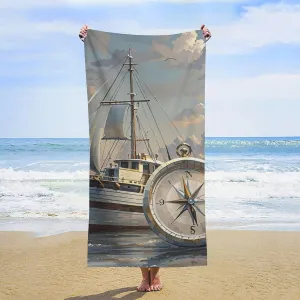 Beach Towel Soft Oversized Microfiber Beach Towel Ship and Compass Sand Free Quick Dry Compact Towels Lightweight Highly Absorbent Bath Towels for Swim Pool Vacation Essential