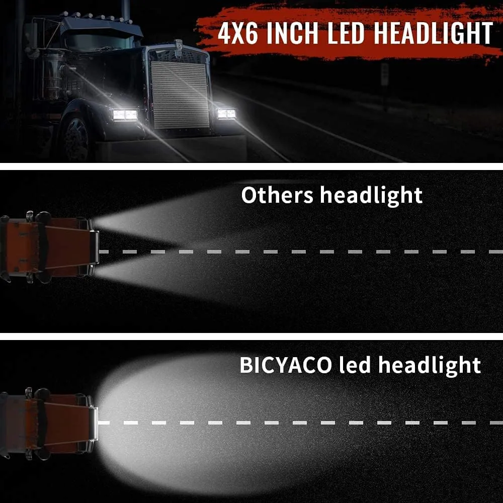 BICYACO 1 Pair 4x6 Inch LED Headlights 60W High Low Beam H4651 H4652 H4656 H4666 H6545 Projector Lens for Peterbilt Kenworth Freightinger Ford 1985-1997 S10 Probe Oldsmobile Cutlass- Black
