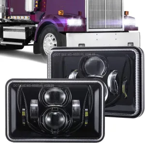 BICYACO 1 Pair 4x6 Inch LED Headlights 60W High Low Beam H4651 H4652 H4656 H4666 H6545 Projector Lens for Peterbilt Kenworth Freightinger Ford 1985-1997 S10 Probe Oldsmobile Cutlass- Black