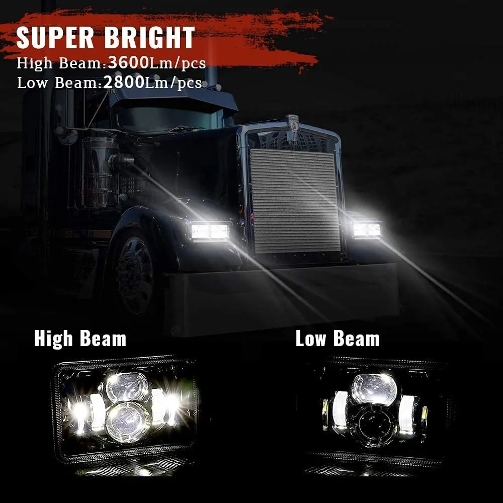BICYACO 1 Pair 4x6 Inch LED Headlights 60W High Low Beam H4651 H4652 H4656 H4666 H6545 Projector Lens for Peterbilt Kenworth Freightinger Ford 1985-1997 S10 Probe Oldsmobile Cutlass- Black