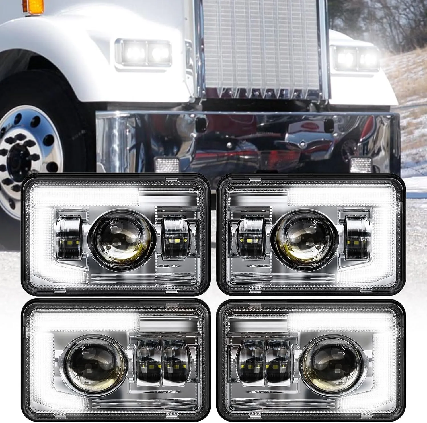 BICYACO DOT 120W 4x6 Inch LED Headlights DRL Rectangular Replacement H4651 H4652 H4656 H4666 H6545 Compatible with Peterbilt Kenworth Freightinger Ford Probe Oldsmobile Cutlass(4 PCS)