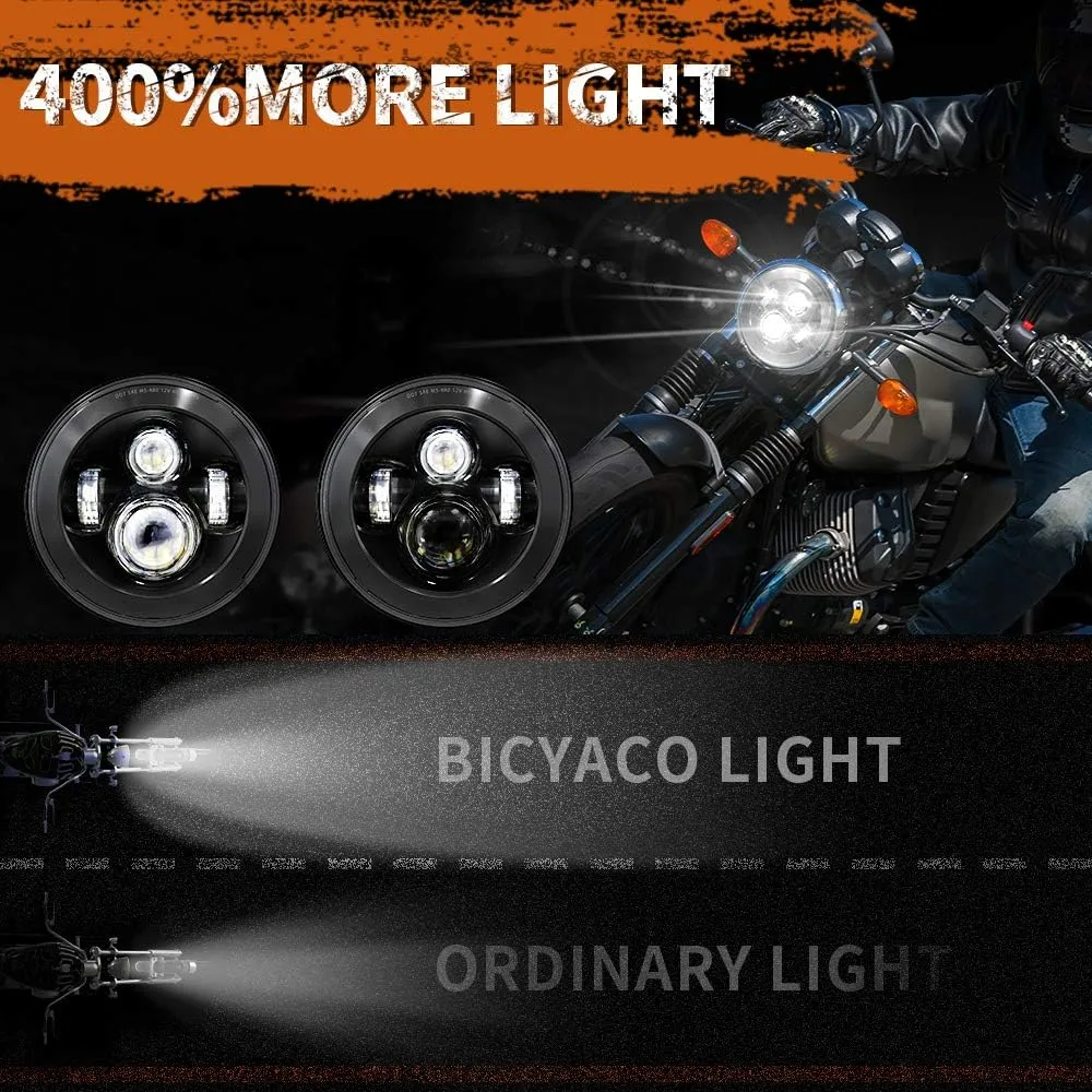 BICYACO DOT 7 Inch Motorcycle LED Headlight Headlamp Compatible with Harley Davidson Electra Glide Street Glide Fat Boy Road King Heritage Softail Switchback Black